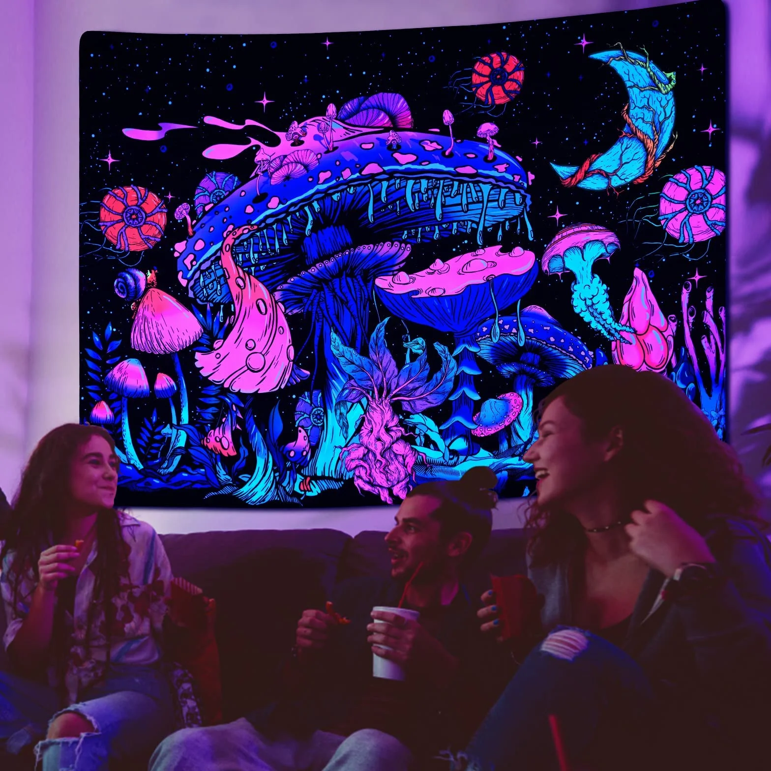 Yrendenge Gobelin z motywem grzyba, UV księżyc i gwiazdy, wiszące rośliny, gobeliny świecące w ciemności, gwiaździste nocne niebo, gobelin estetyczny, wiszący na ścianie do sypialni, 210 x 150 cm