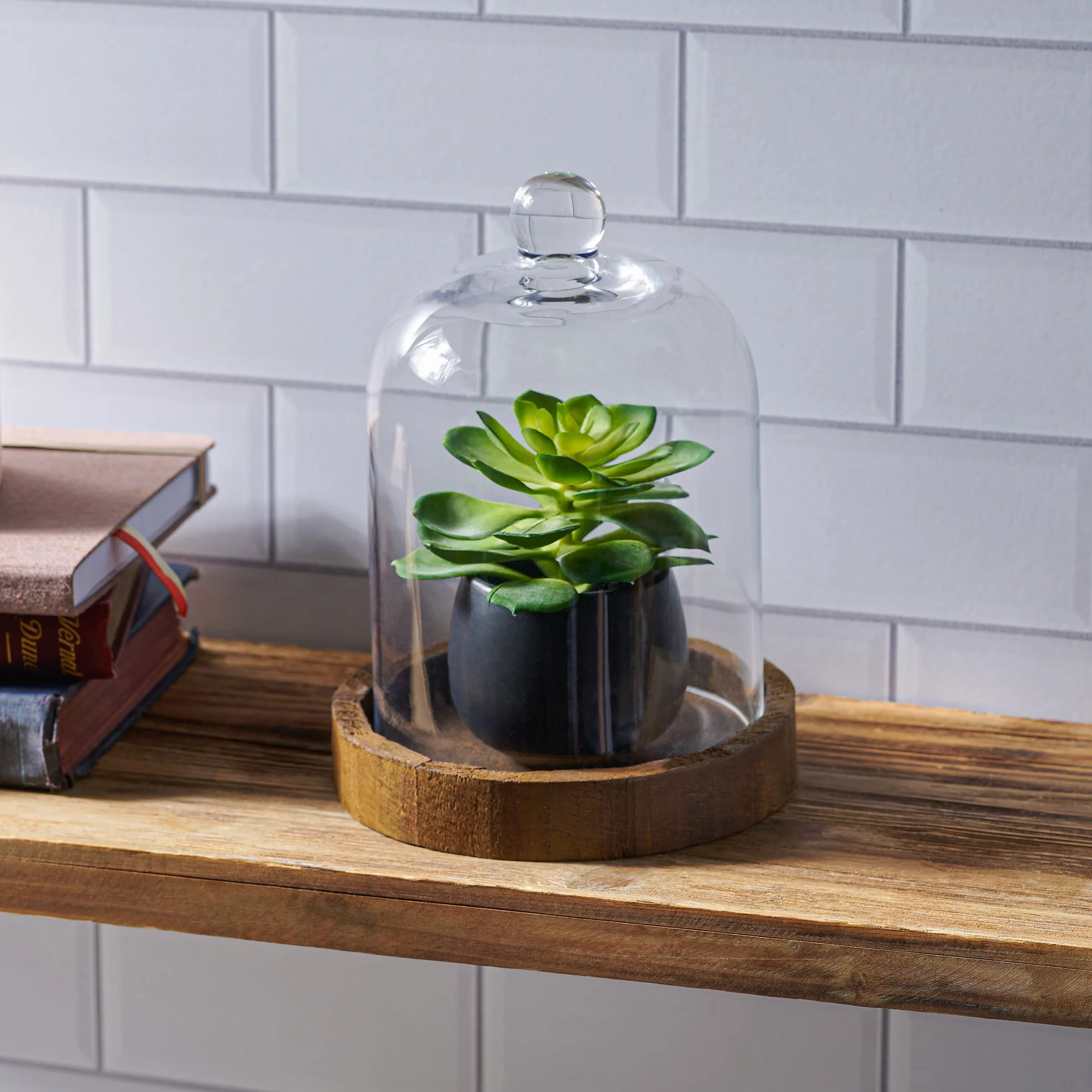Stonebriar 20 cm przezroczysta szklana kopuła klosz z rustykalną drewnianą podstawą, brązowy