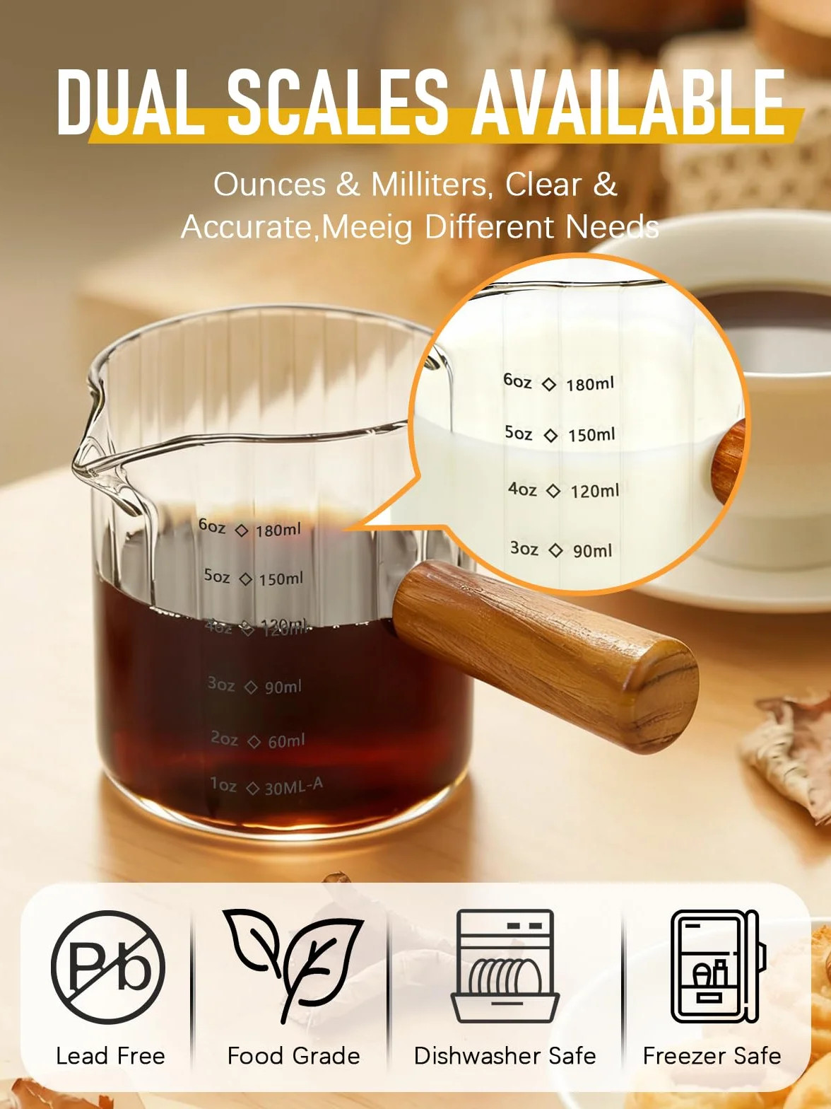 Zestaw 2 Filiżanek do Espresso z Drewnianym Uchwytem – 180 ml, Szkło Borokrzemianowe z Podziałką, Przezroczyste, Wylewka w Kształcie Litery V – do Domu, Biura i Kawiarni