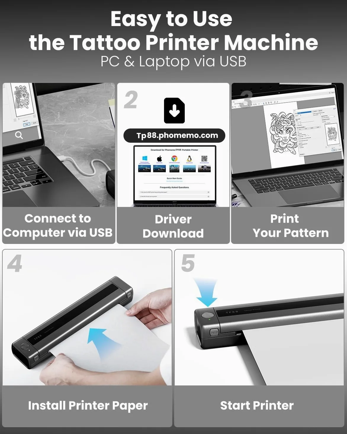 Phomemo Drukarka do Tatuażu, TP88 Tattoo Printer, Drukarka Termiczna do Tatuażu Bluetooth A4, Przenośna Drukarka do Tatuażu do Tatuażu dla DIY z 10-sztuk Papierami do Tatuażu