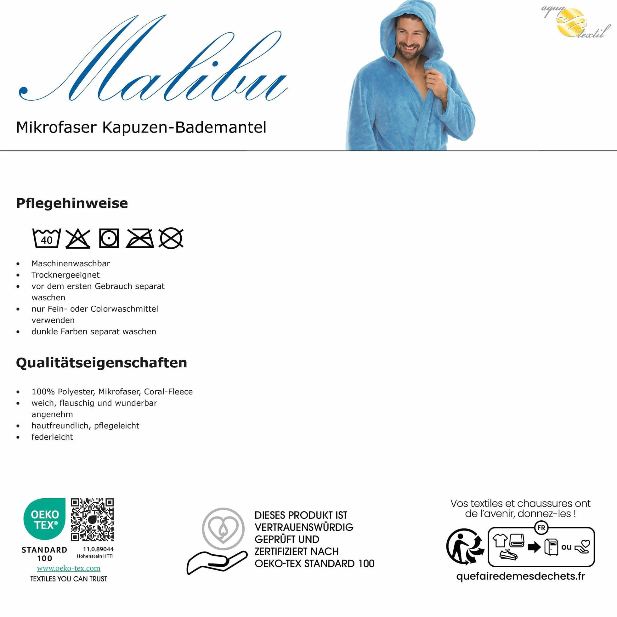 aqua-textil XS-XXXL szlafrok kąpielowy z kapturem, uniwersalny, długie naszyte kieszenie, dla kobiet i mężczyzn, unisex, mikrofibra, przytulny polar Oeko-TEX