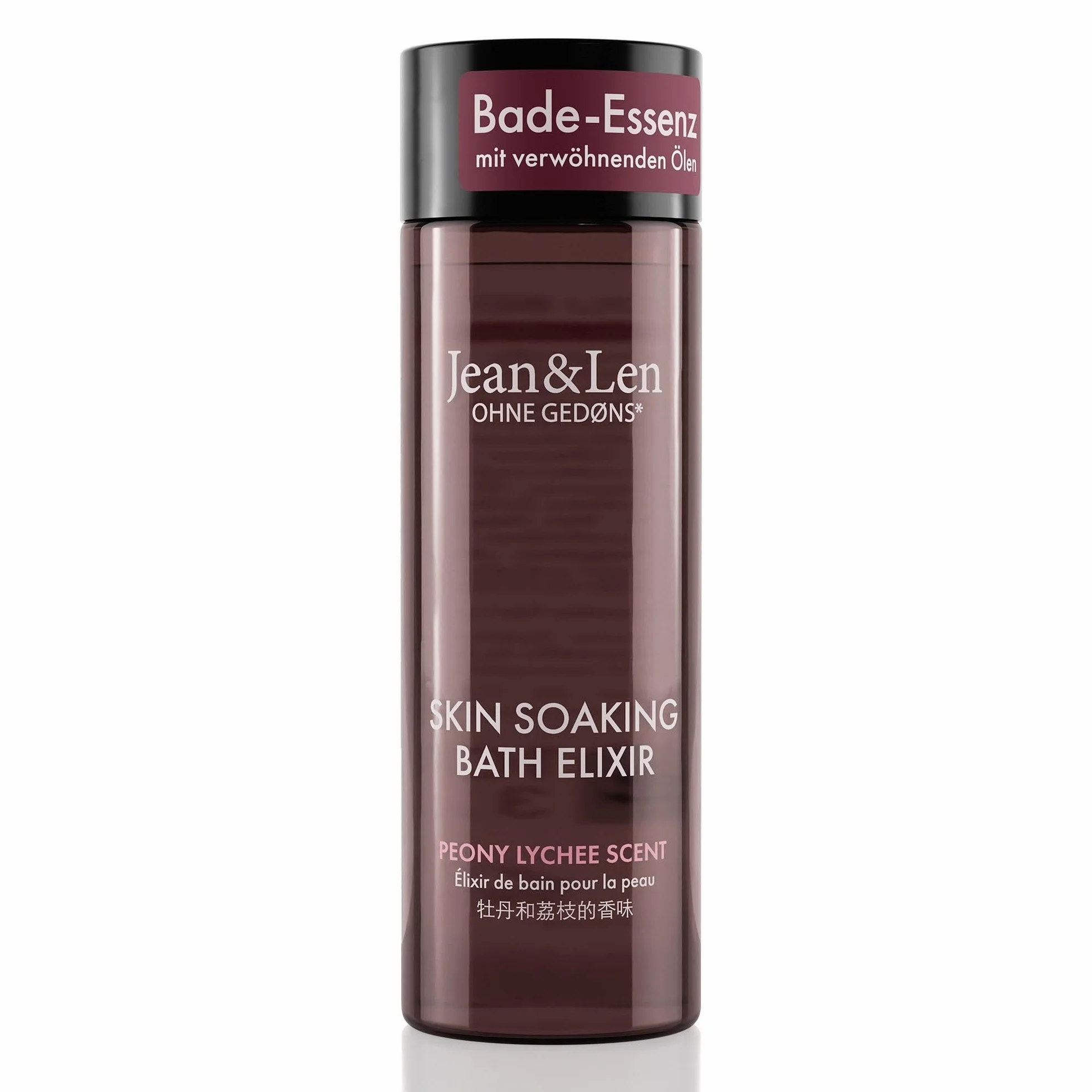 Jean & Len Bath Elixir Peony & Lychee, z naturalnymi olejkami, pozostawia przyjemne uczucie na skórze, kwiatowy zapach, olejek do kąpieli do wszystkich rodzajów skóry, bez parabenów i silikonów, 100