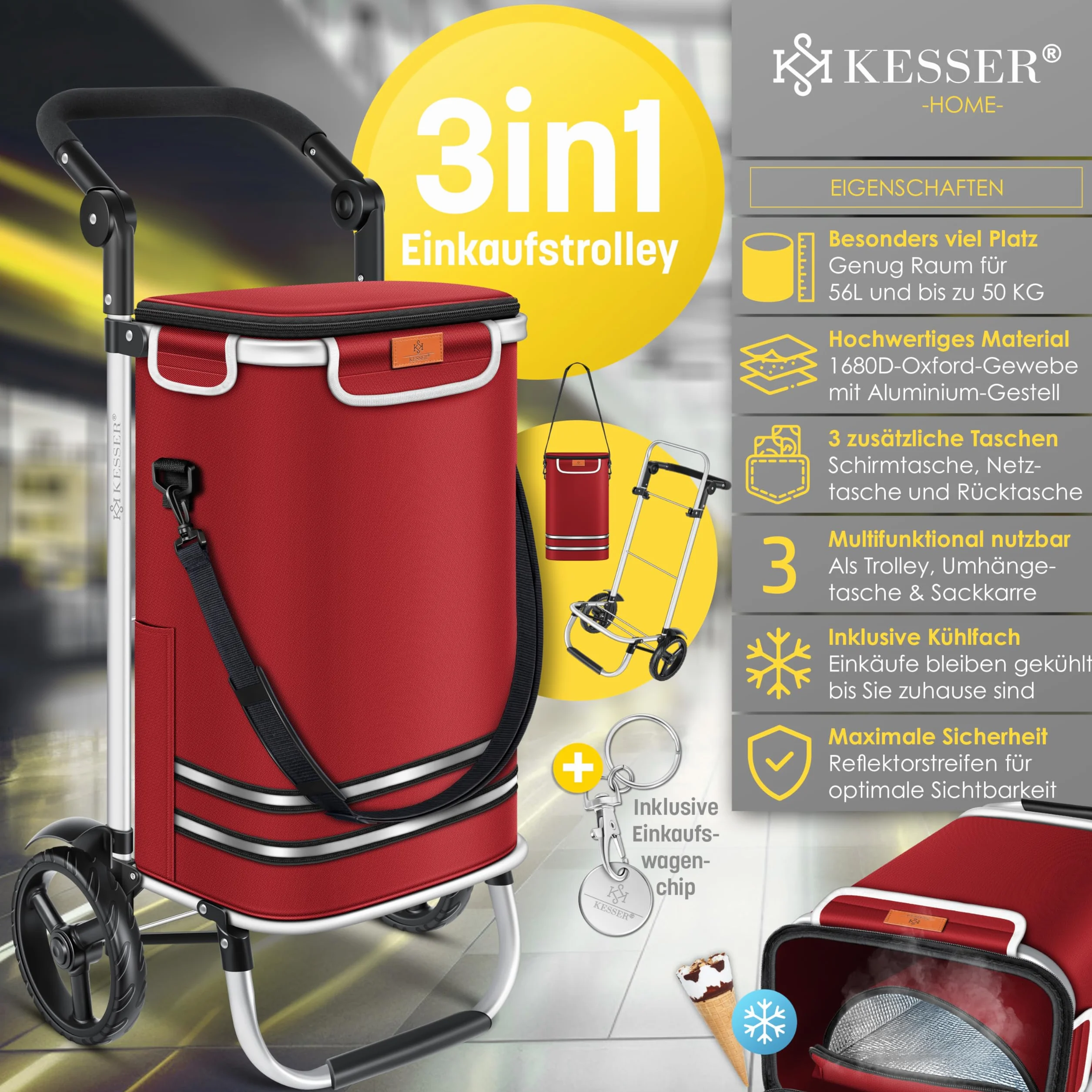 Kesser® Wózek zakupowy, składany, 56 l pojemności, obciążenie do 50 kg, wózek transportowy 3 w 1, wózek na zakupy, w zestawie komora chłodząca i żeton na zakupy, do pokonywania schodów, bordowy