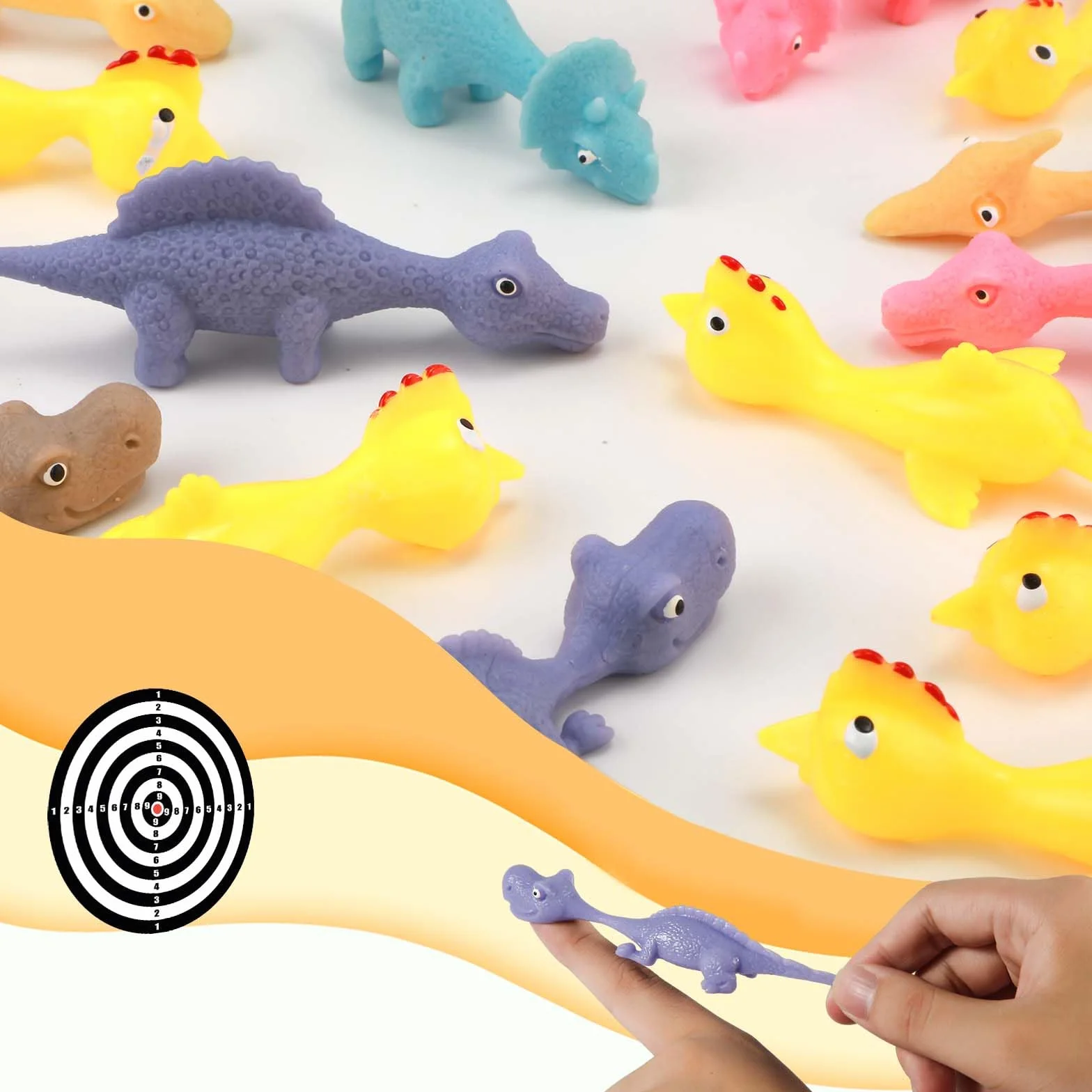 24 Sztuki Zabawek Strzelajacych Palcami, Kurczak z Miekkim Gumowym Palcem Smieszne Mini Latajace Dinozaury dla Chlopców Dziewczat Upominki na Przyjecie (Zólta Laska + Kolorowy Dinozaur)