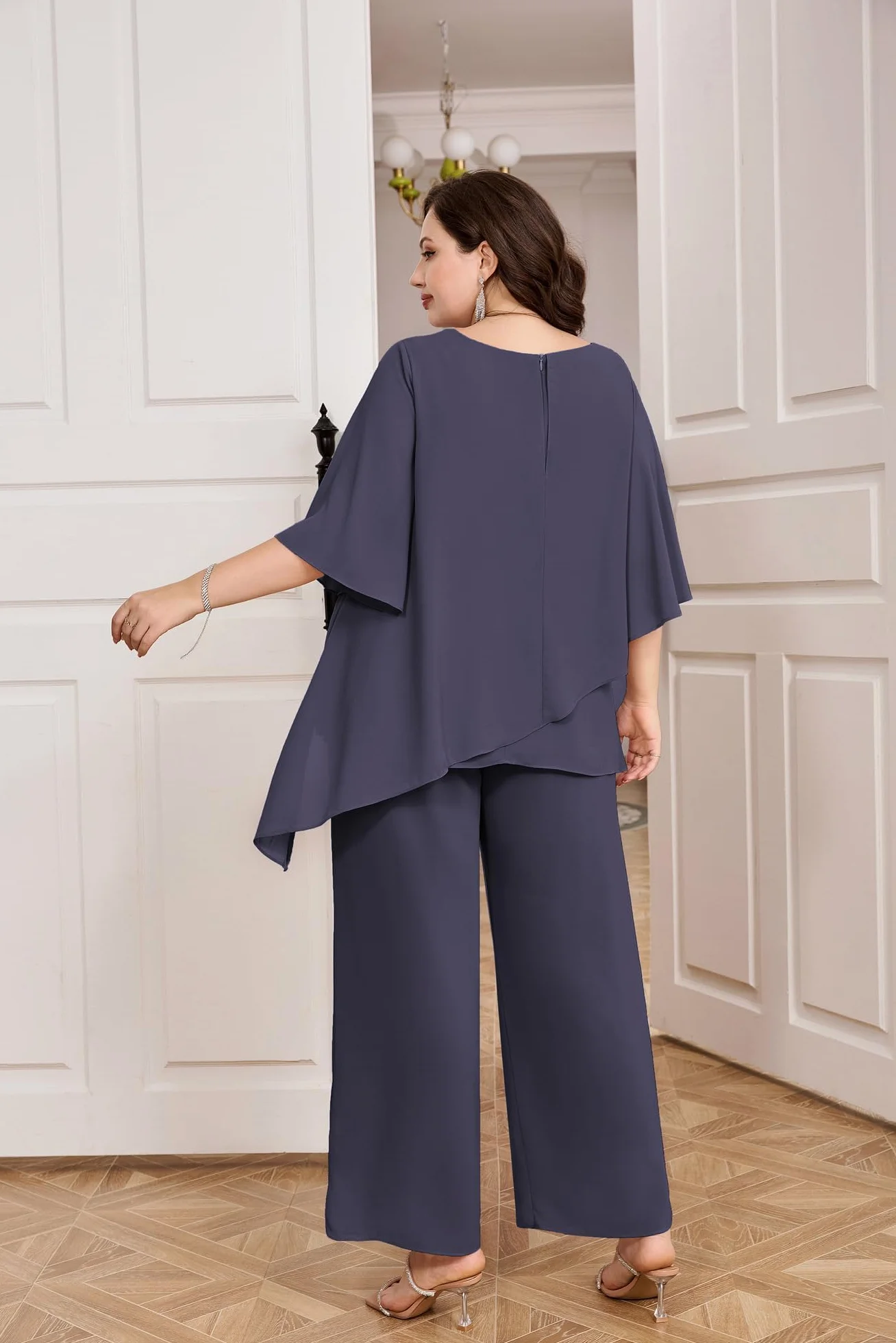 Hanna Nikole Damskie eleganckie zestawy garniturów wieczorowych plus size, 2-częściowy zestaw, przyjęcie koktajlowe, odświętne spodnie, dwuczęściowy strój szyfonowy, koszula i spodnie z wysokim stanem