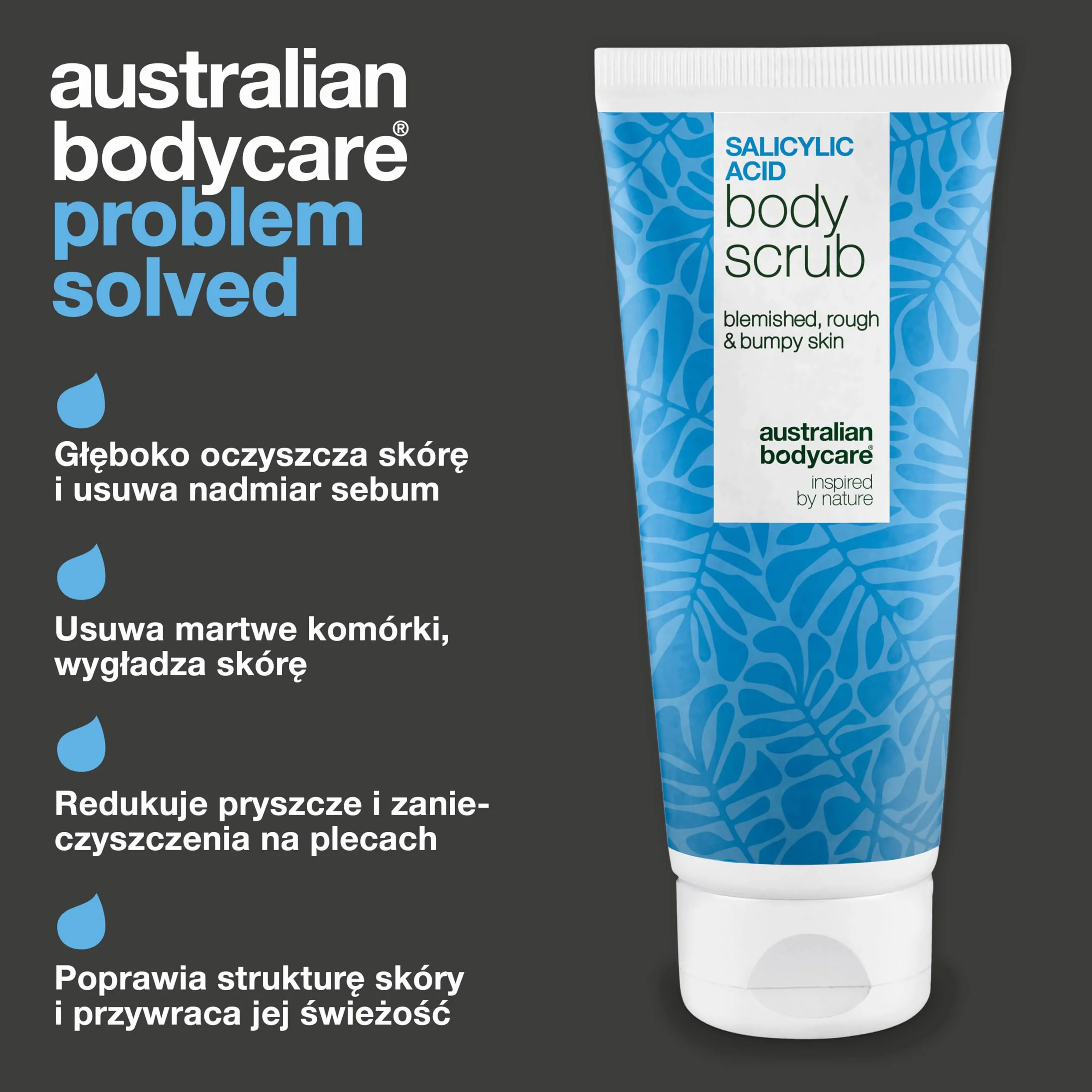 Peeling do ciała z kwasem salicylowym na trądzik, zaskórniki i niedoskonałości na plecach, pośladkach i ciele – usuwa martwy naskórek dzięki kwasom salicylowym (BHA) i glikolowym (AHA) oraz gliceryną