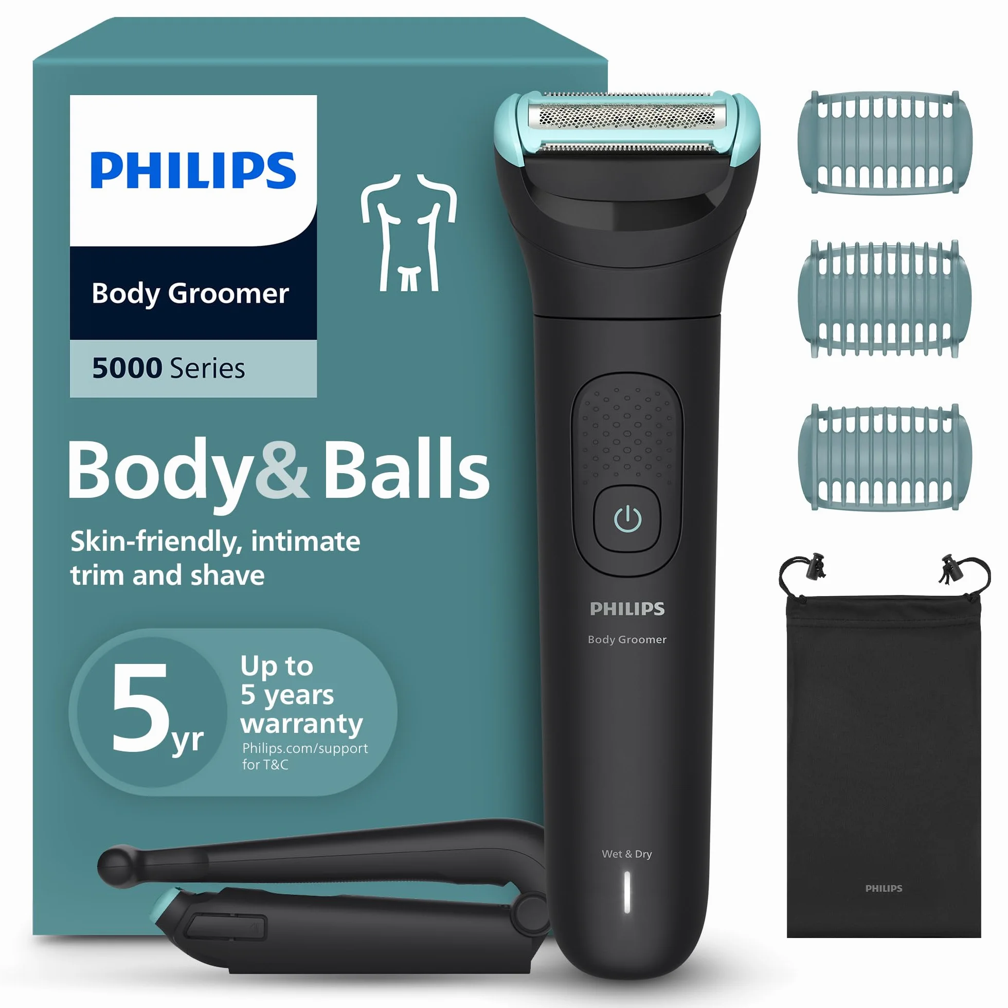 Philips Body Groomer 5000 – mężczyzn trymer do ciała potrójna ochrona, golenie okolic intymnych, składana nasadka do usuwania włosów na plecach, 100% wodoodporności, 100 minut pracy, BG5480/15