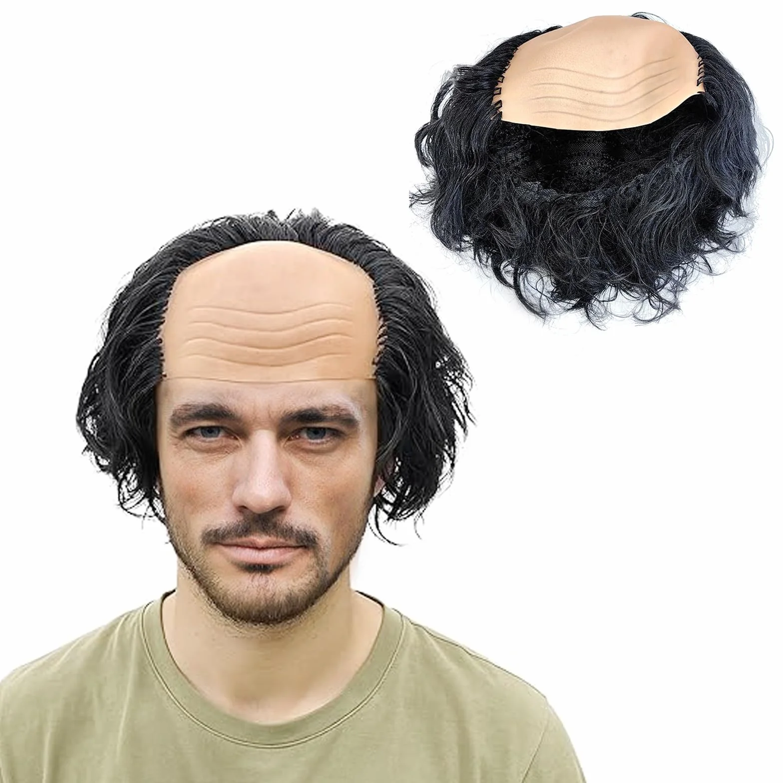 Peruka męska, peruki, pół włosów, łysa peruka, łysy kapelusz, męskie kostiumy cosplay, akcesoria na imprezę halloweenową Fiesta Props, szalony profesor (czarny)