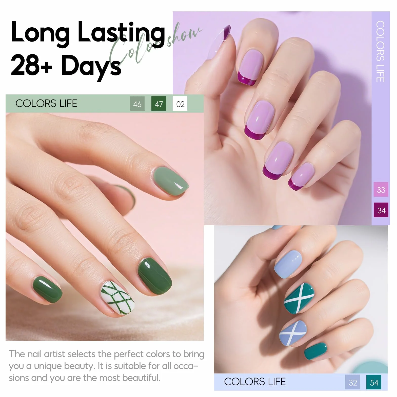 Zestaw 60 żeli UV PEACECOLOR: 55 kolorów brokatowych i błyszczących + baza i top coat. Żel zmywany acetonem