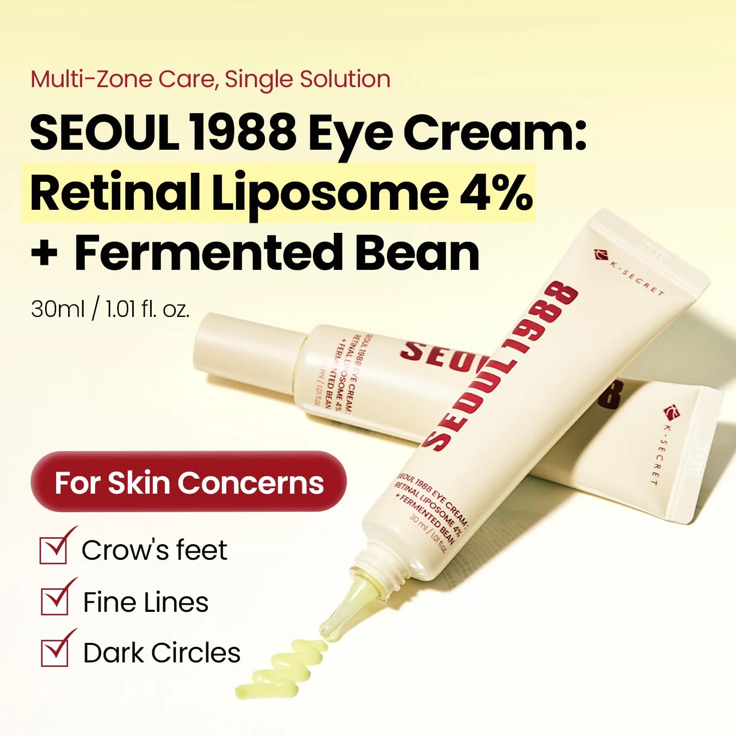 KSECRET SEOUL 1988 Crema de ojos: liposoma retiniano 4% + frijol fermentado, cuidado de arrugas, antienvejecimiento, elasticidad de la piel, pigmentación, retinol, 1.0 fl oz/1.01 onzas líquidas