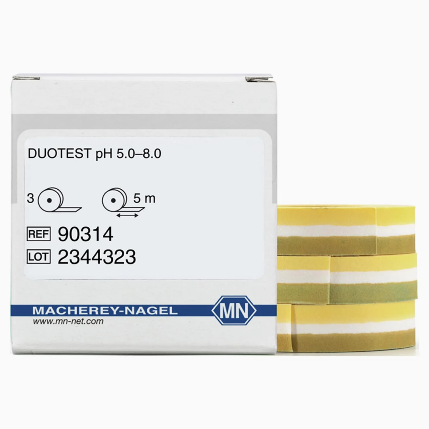 Macherey & Nagel ML-6209 Duotest Papier testowy pH z dwiema strefami wskaźników, pH 5,0-8,0, opakowanie uzupełniające, długość 5 m x szerokość 10 mm, 3 sztuki