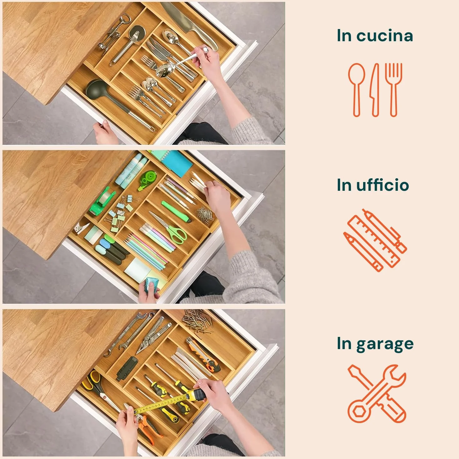 Avilia Pojemnik na sztućce z 5 wysuwanymi bambusowymi przegródkami - organizer do szuflad kuchennych, regulowane przegrody do szuflad od 33 cm do 55 cm, oszczędzający miejsce organizer do szuflad, 43