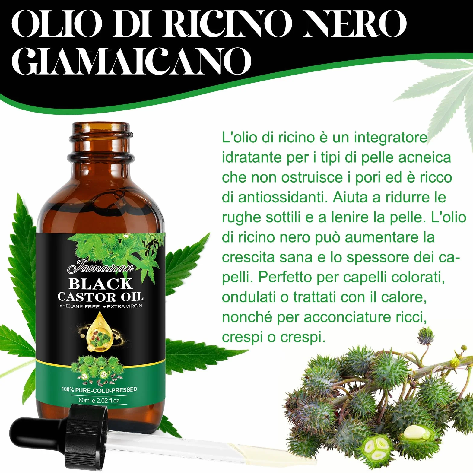 Biologiczny czarny olej rycynowy z jamajki, 60 ml - 100% czysty czarny olej rycynowy na zimno, wspomaga wzrost włosów, wzmacnia korzenie i zapobiega łamaniu