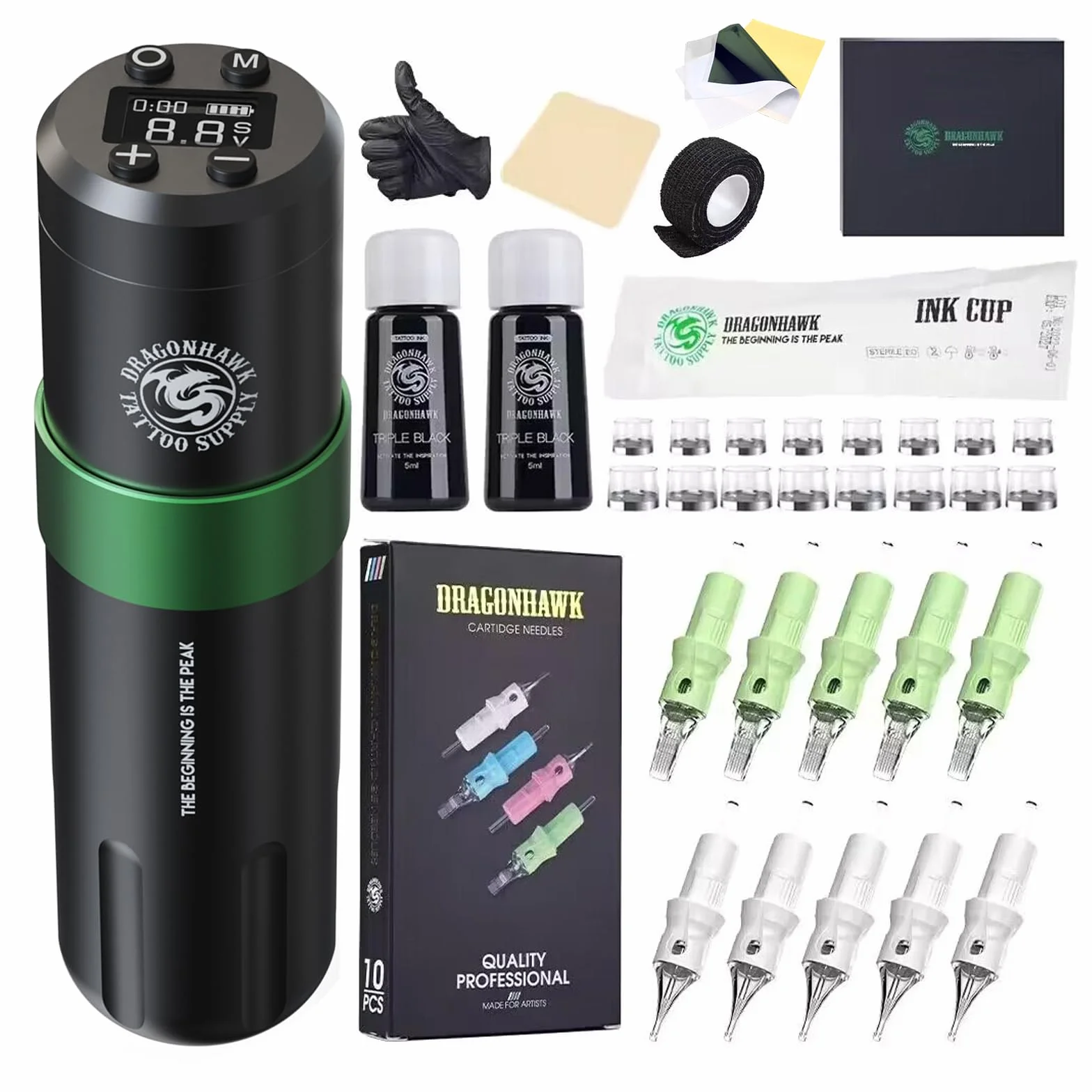Dragonhawk Wireless Tattoo Pen Machine Rotary Gun 1500mAh 3.5mm Stroke 20 Piece Kit for Beginners