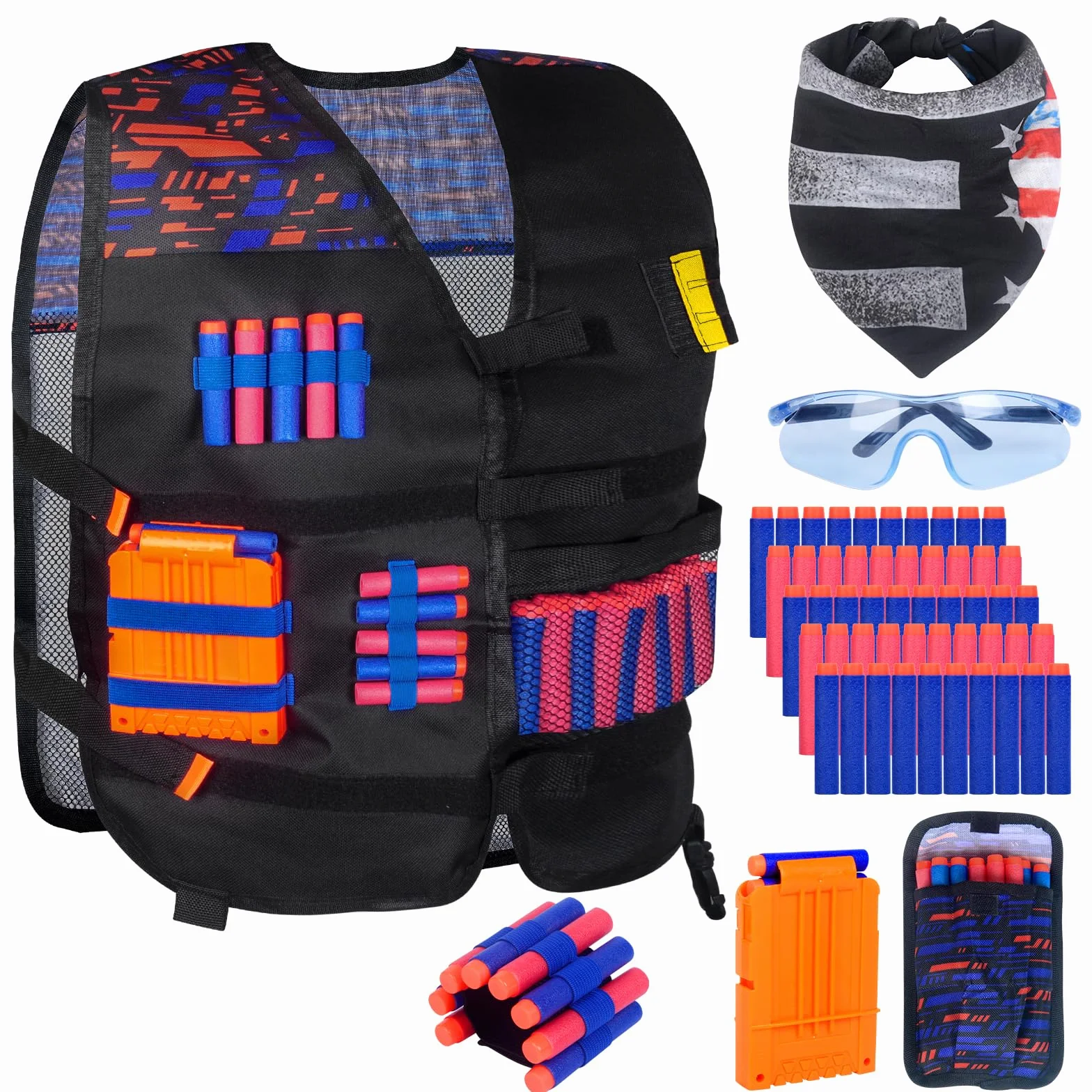 Kamizelka taktyczna dla dzieci, zestaw do Nerf N Strike Elite, akcesoria Nerf z magazynkiem do szybkiego ładowania, strzałki, opaski na nadgarstek, okulary, bandana dla chłopców i dziewcząt