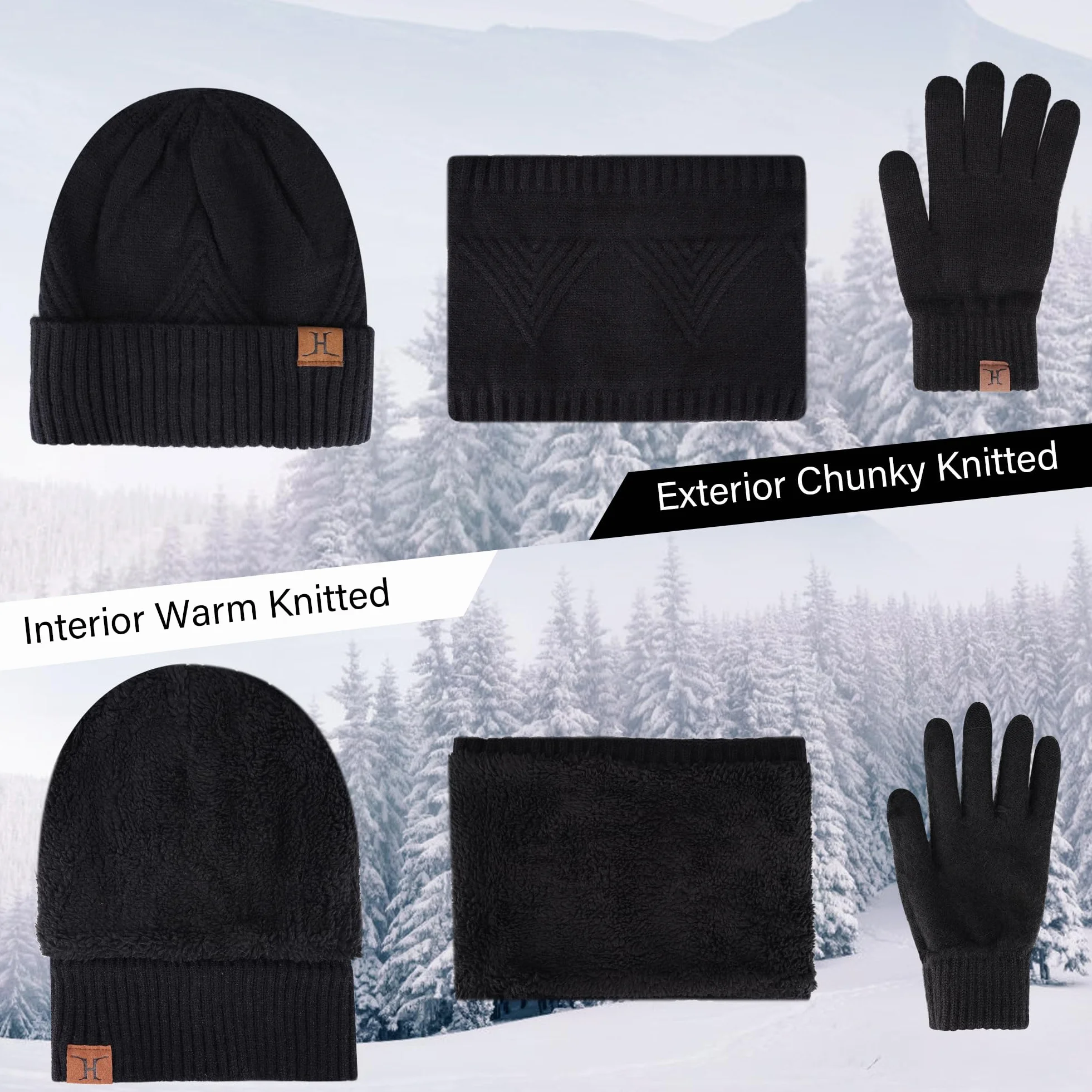 Bequemer Laden Męska zimowa ciepła czapka beanie, szal i ekran dotykowy, zestaw rękawiczek z polarem, czapka zimowa, komin, rękawiczki zimowe, Z czarny., jeden rozmiar