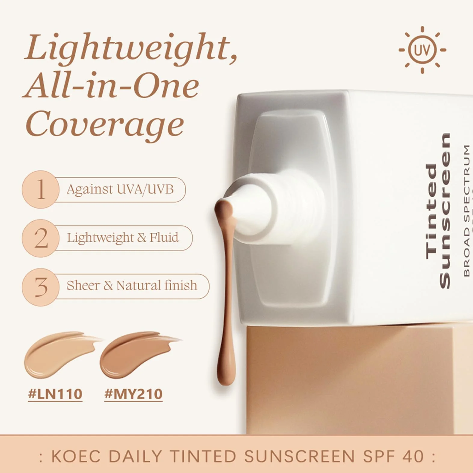 Krem przeciwsłoneczny do twarzy, Tinted Sunscreen, Broad Spectrum SPF 40, ochrona przed słońcem dla skóry wrażliwej, krem przeciwsłoneczny do skóry wrażliwej, naturalne krycie i podkład do makijażu