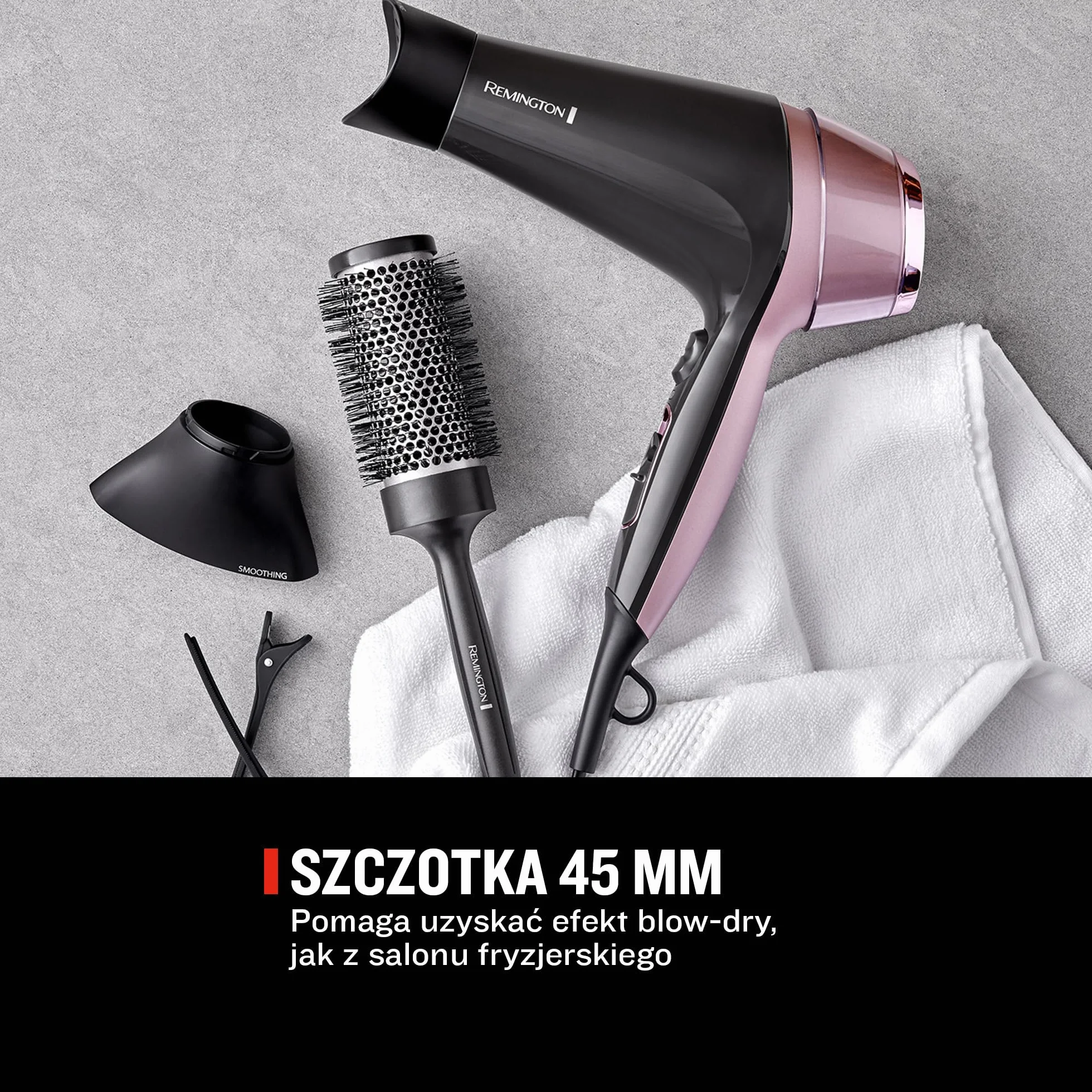 Remington suszarka do włosów z jonizacją, 3 ust. temperatury i 2 ust. nawiewu, tryb Turbo, koncentrator, 2 klipsy, dyfuzor i szczotka 45mm, lekka, moc 2200W, czarna, Curl&Straight Confidence PRO D5707