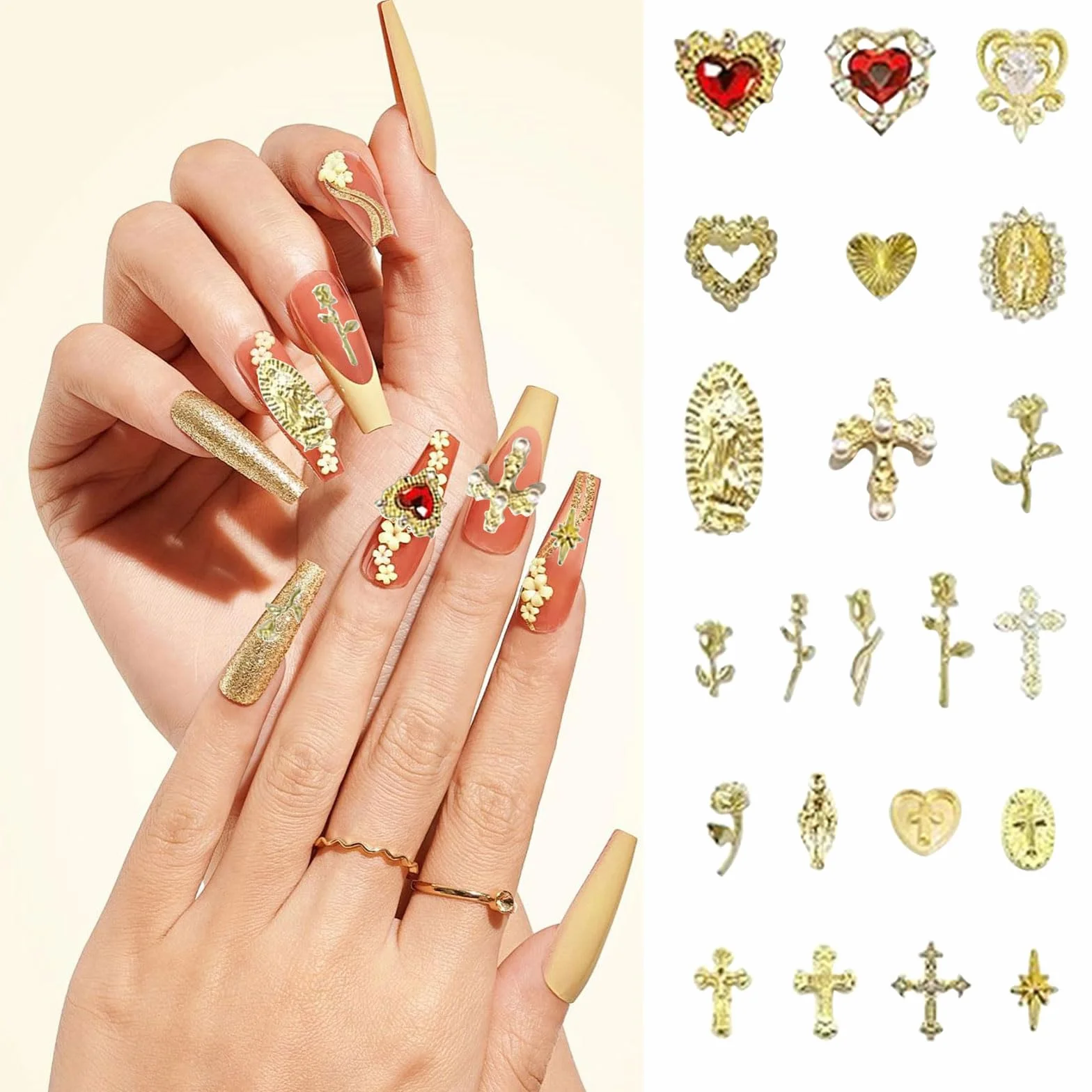 88 sztuk złotych zawieszek 3D na paznokcie, wysokiej jakości zdobienia paznokci, zawieszki do paznokci, ekskluzywne z kamieniami strasu dla luksusowego manicure