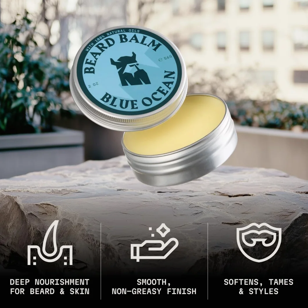 Striking Viking Balsam do brody Blue Ocean – Lekki mocujący, 60 g – Nawilżający i nawilżający – Z masłem Shea, olejem arganowym i olejem jojoba – Pielęgnacja brody, wosk do brody i pomada w jednym