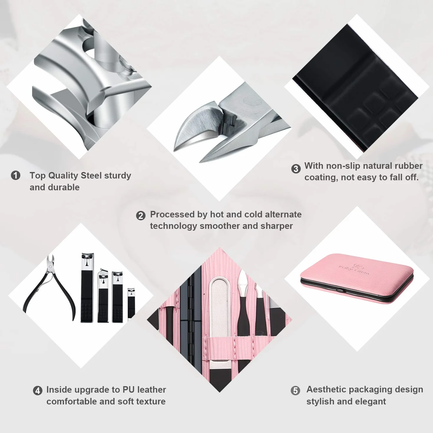 Manicure Set 18szt Profesjonalne Wycinarki do paznokci Zestaw Narzędzia do pielęgnacji pedicure-Narzędzia do pielęgnacji ze stali nierdzewnej do podróży (różowa)