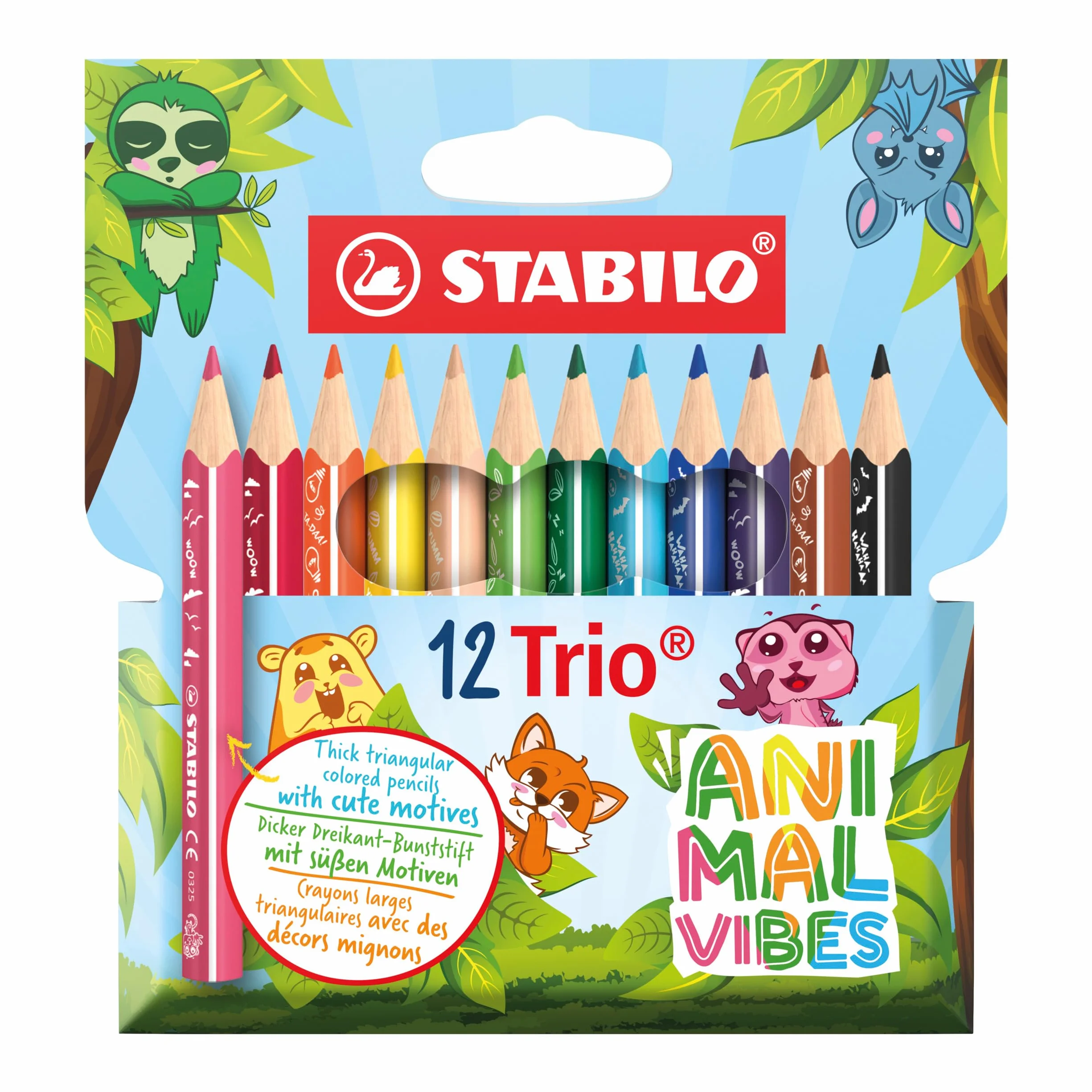 STABILO - Trójkątne kredki - Trio grube krótkie Animal Vibes - 12 sztuk w opakowaniu - 12 kolorów