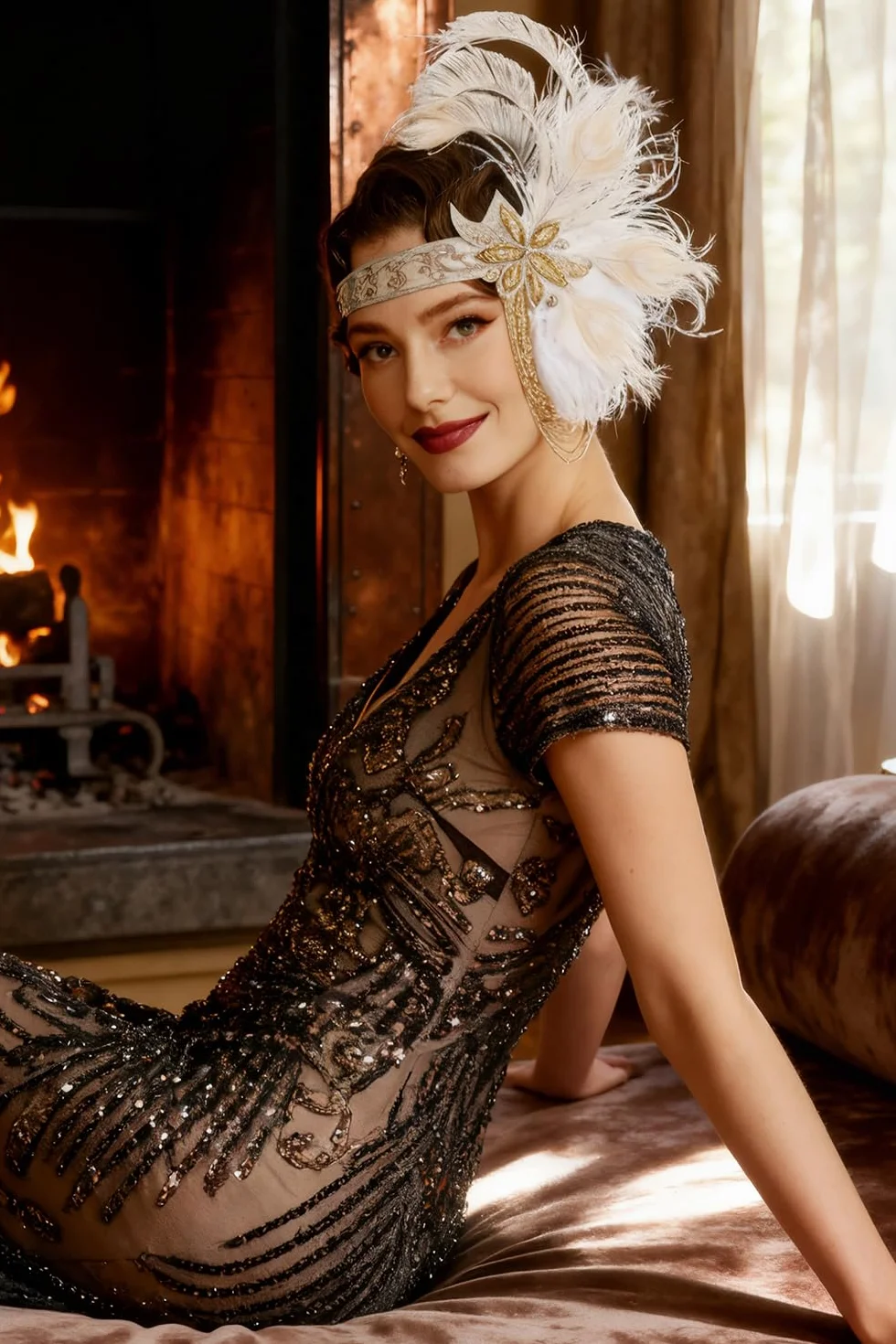 BABEYOND Ozdoba na głowę Wielkiego Gatsby z lat 20. XX wieku, opaska na czoło ze złotymi frędzlami, na karnawał, bal i wesele, beżowa