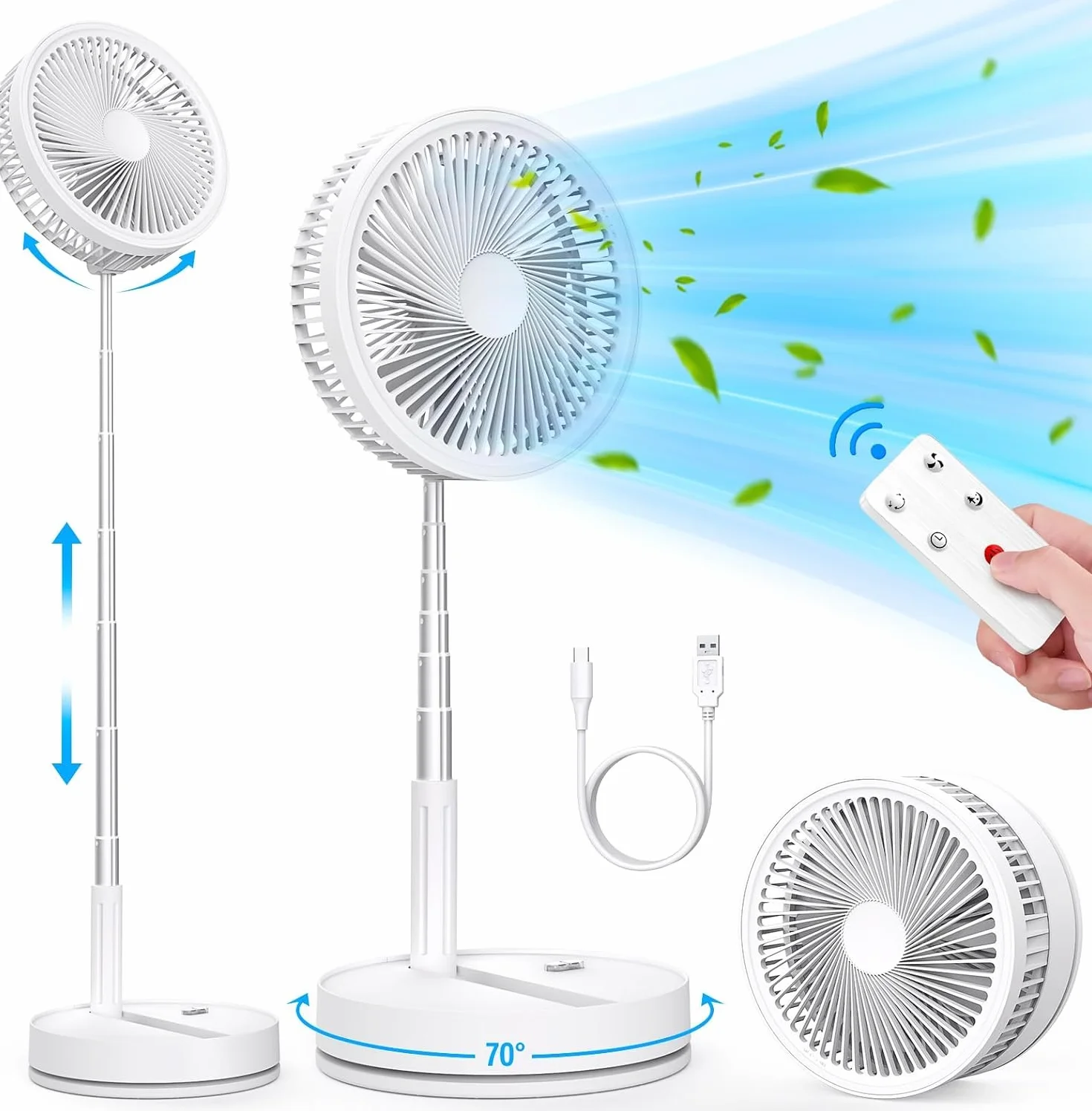 Przenośny wentylator podłogowy z Oscylujący z Pilotem, Cichy 9'' Składany Niskie Zużycie Energii - 4 Tryby/Timer, 7200mAh Ładowany USB - Do Biura i Sypialni