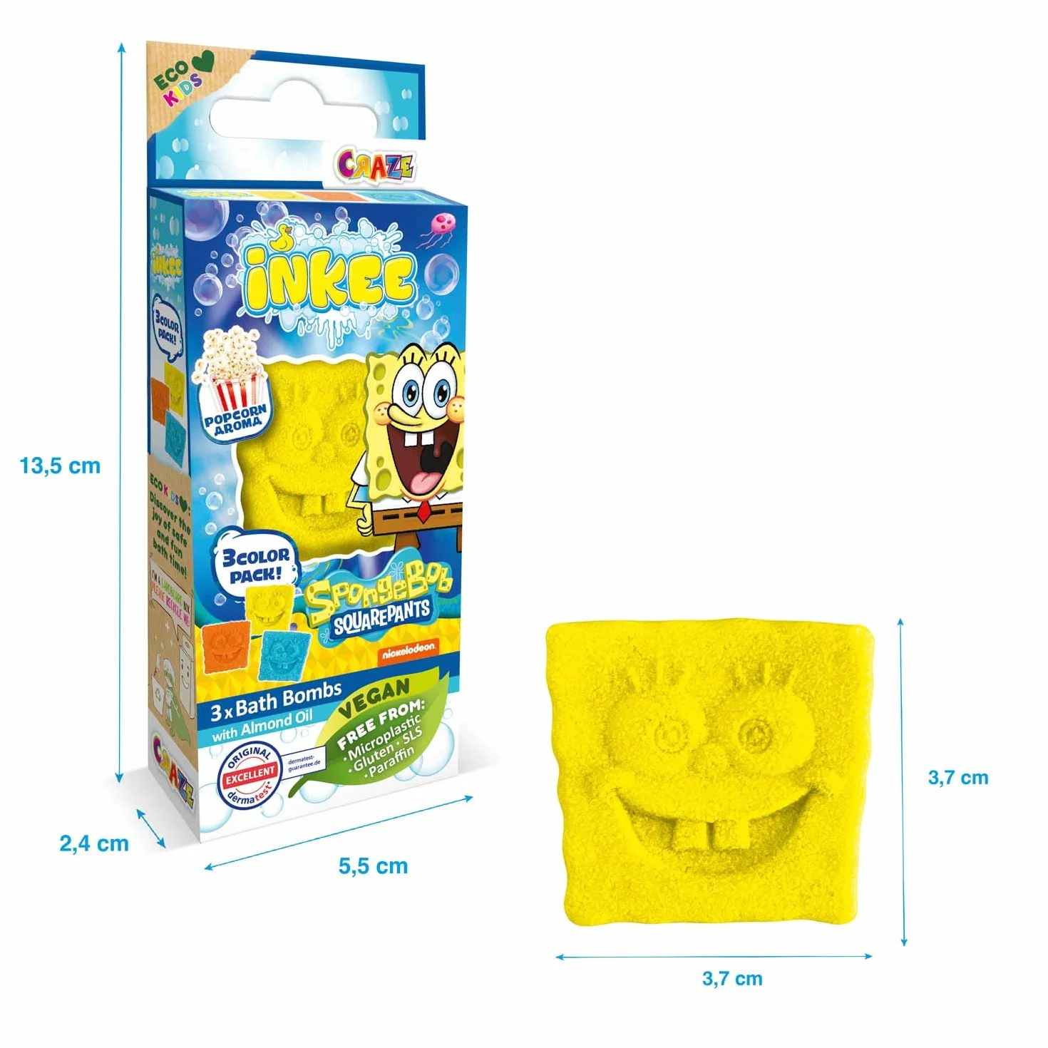 INKEE Mini Pack SpongeBob, Zestaw 3 Pompy Do Kąpieli Dla Dzieci Z Kształtami Jego Postacie SpongeBob I Aromat Popcorn, Bezpieczna Zabawa