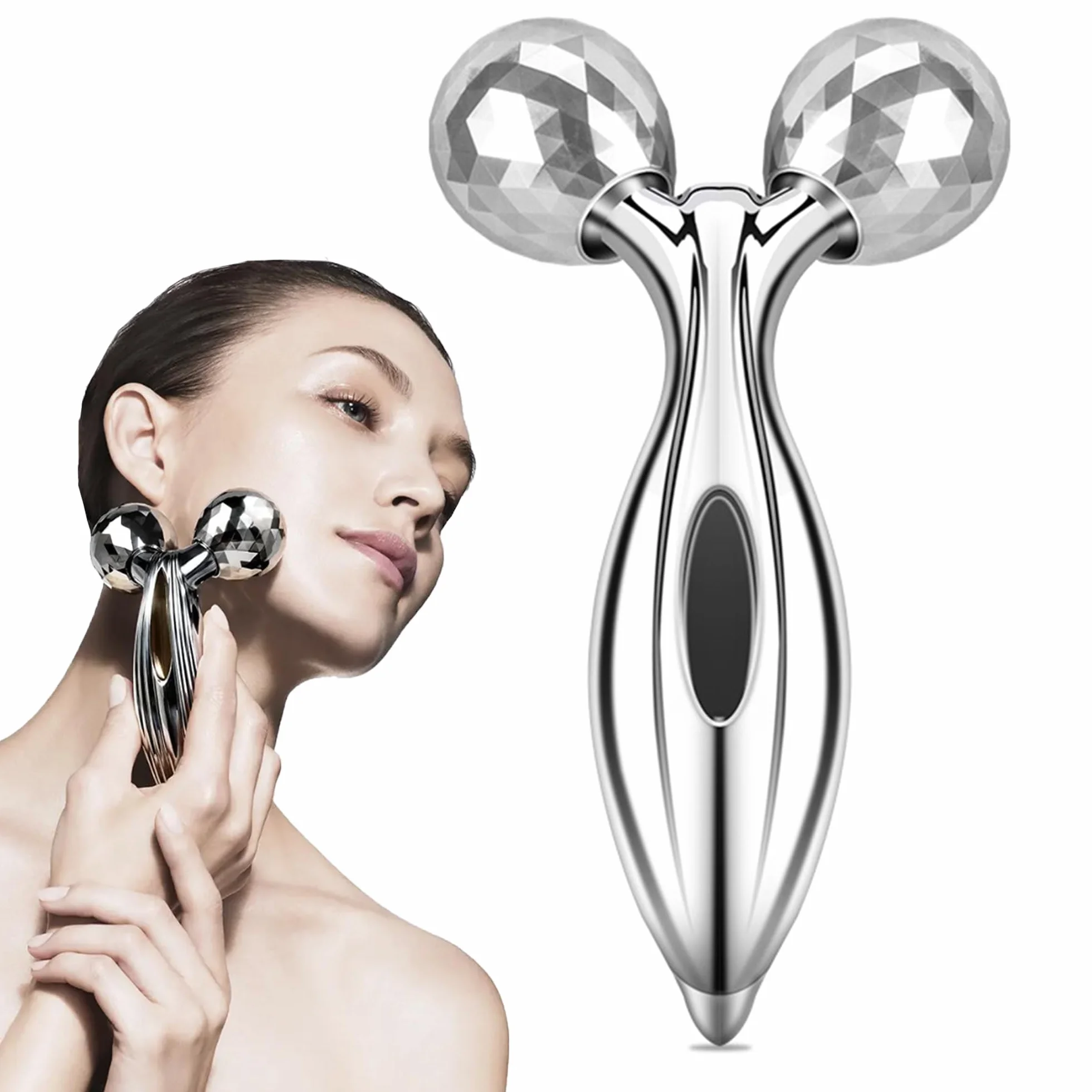 CINY 3D Roller Face Massager, Beauty Face Lift Tool Body Sculpting Firmer Shaper, Rozluźnienie Mięśni, Skin Tighten Lift 360 Stopni Rotation Roller Do Masażu Na Twarz Ręce Nogi Pośladki i Plecy, Srebrny