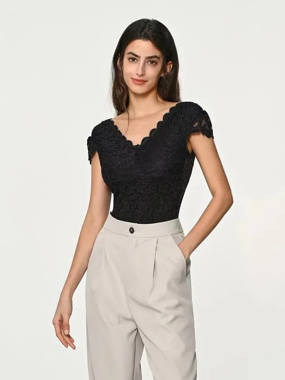 Haibang Seksowne damskie koronkowe body z dekoltem w szpic body kwiatowy top obcisła bluzka z krótkim rękawem bezrękawnik eleganckie koszule Cami Bluzka Clubwear