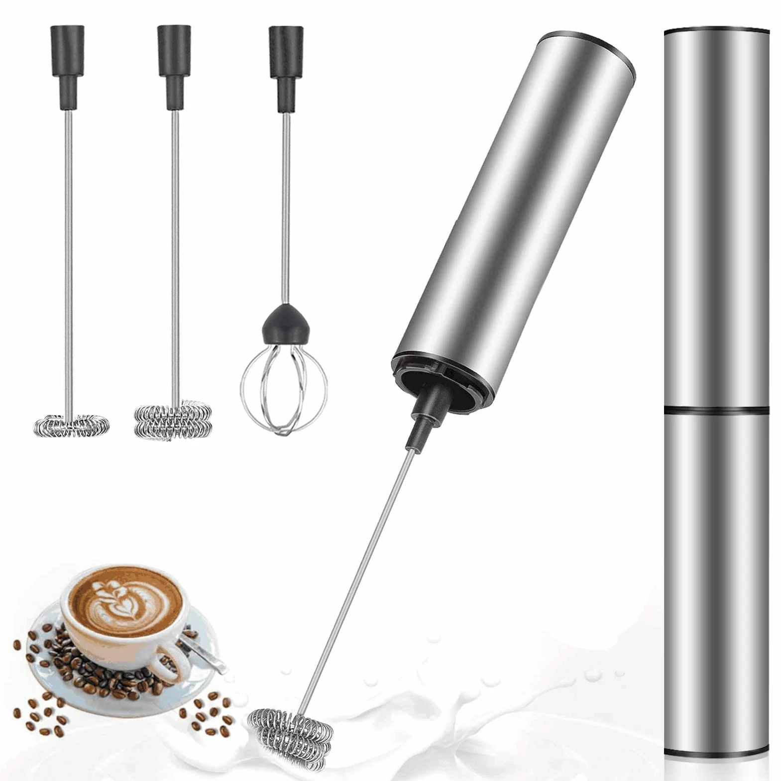 MOSUO Elektryczny spieniacz do mleka, spieniacz do mleka z akumulatorem USB i mini mikserem z podwójną główką, mikser ze stali nierdzewnej do kawy Cappuccino Latte Cocktails Sok