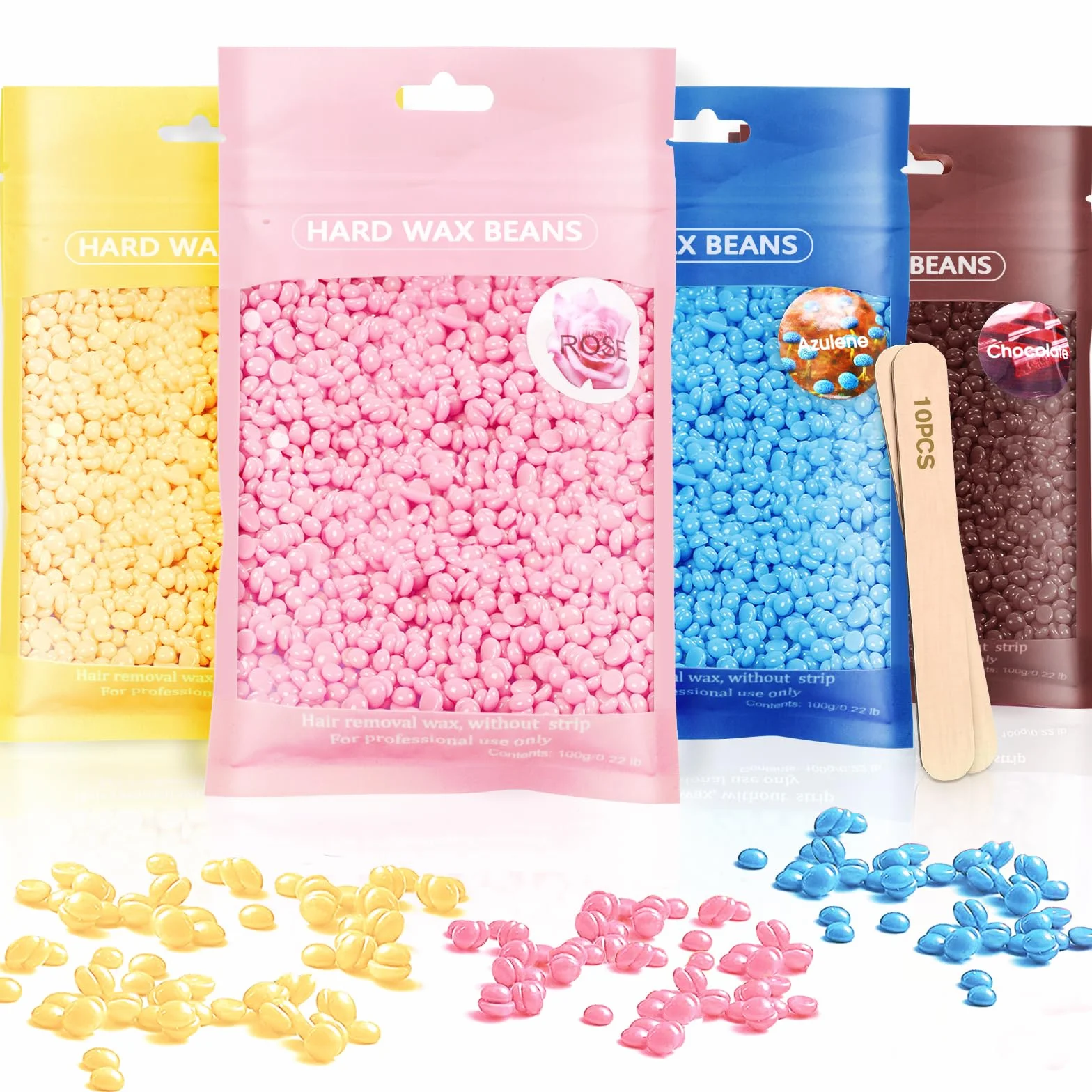 Perły woskowe, 400 g, perły woskowe z 10 drewnianymi szpatułkami do depilacji całego ciała, gorącego wosku, brazylijskiego wosku, nóg, twarzy i ramion
