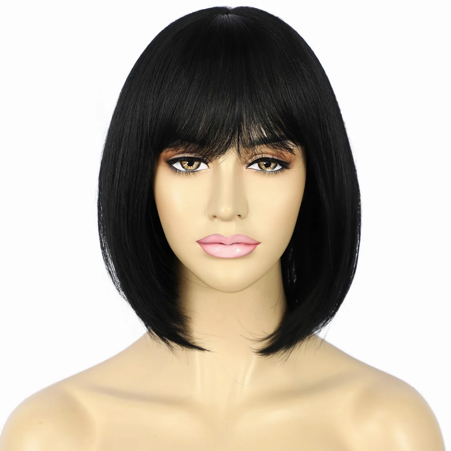 Sapphirewigs Czarne peruki bob dla kobiet z grzywką, krótka, naturalnie wyglądająca, 30 cm