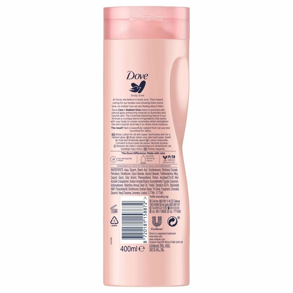 Dove Rozjaśniający krem nawilżający do ciała + promienny połysk z serum przywraca naturalne minerały i minerały do wszystkich rodzajów skóry, 400 ml