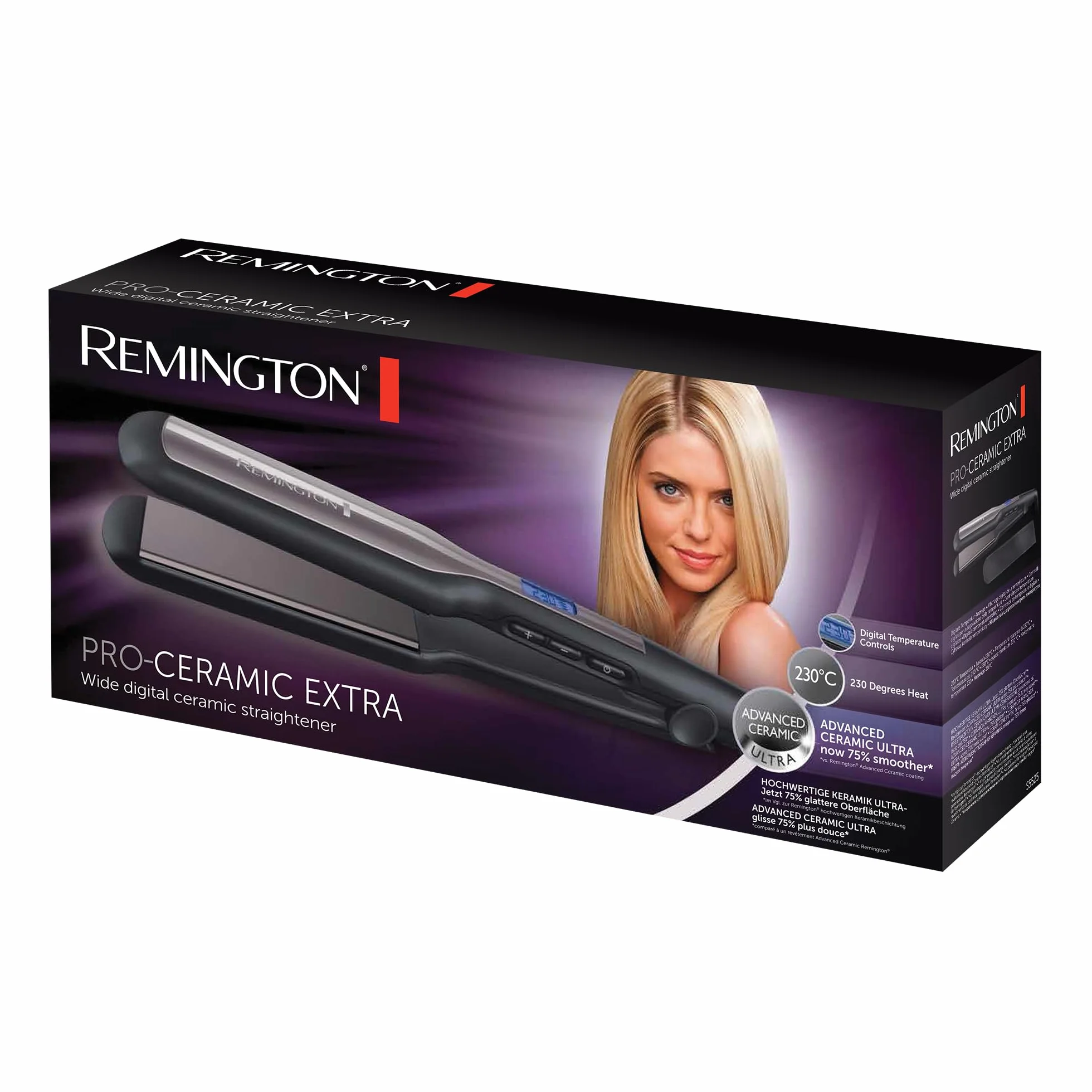 Remington prostownica do włosów, powłoka ceramiczna, szerokie płytki, zakres temp. 150-230°C, funkcja Turbo, szybkie nagrzewanie, ruchome płytki, etui w zestawie, czarna, Pro Ceramic Extra S5525