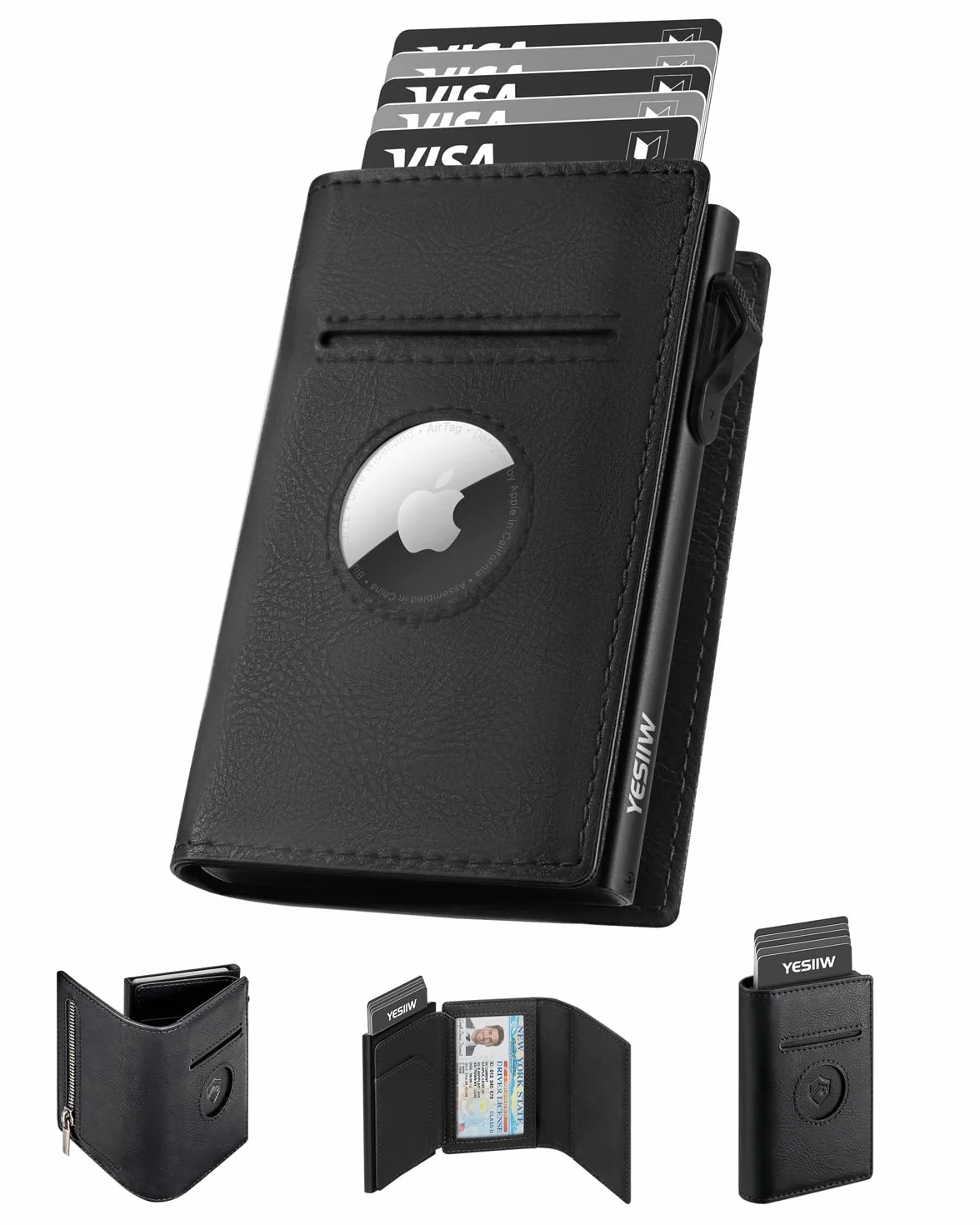 YESIIW Portfel, męskie etui na karty z portfelem blokującym RFID dla mężczyzn, etui na karty kredytowe, portfel oszczędzający pieniądze, metalowy, Czarny (Vintage Black), S, Nowoczesny
