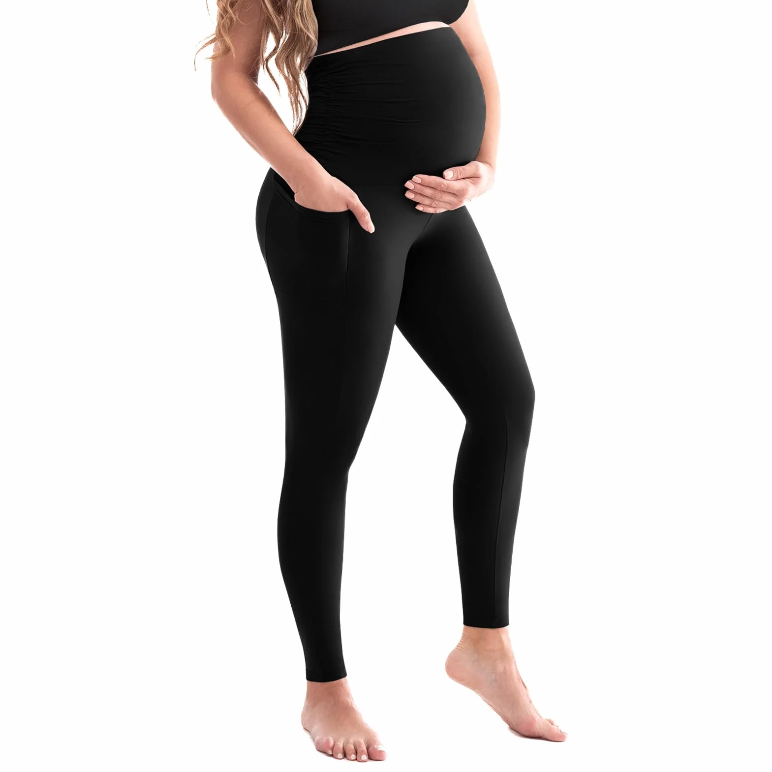 SINOPHANT Damskie legginsy ciążowe wysoka talia spodnie ciążowe z kieszeniami nieprzezroczyste legginsy ciążowe miękkie elastyczne moda ciążowa domowa joga, 1 opakowanie czarne, XL