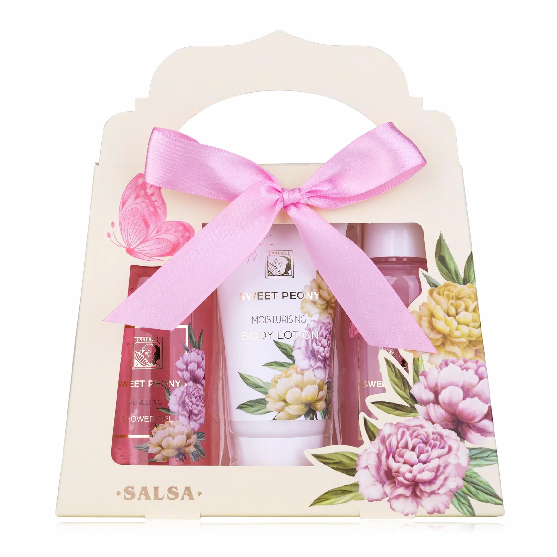 Accentra Zestaw prysznicowy dla kobiet, zestaw upominkowy Sweet PEONY w pięknym pudełku prezentowym – 3-częściowy zestaw do pielęgnacji z żelem pod prysznic, balsamem do ciała i kąpielą bąbelkową –