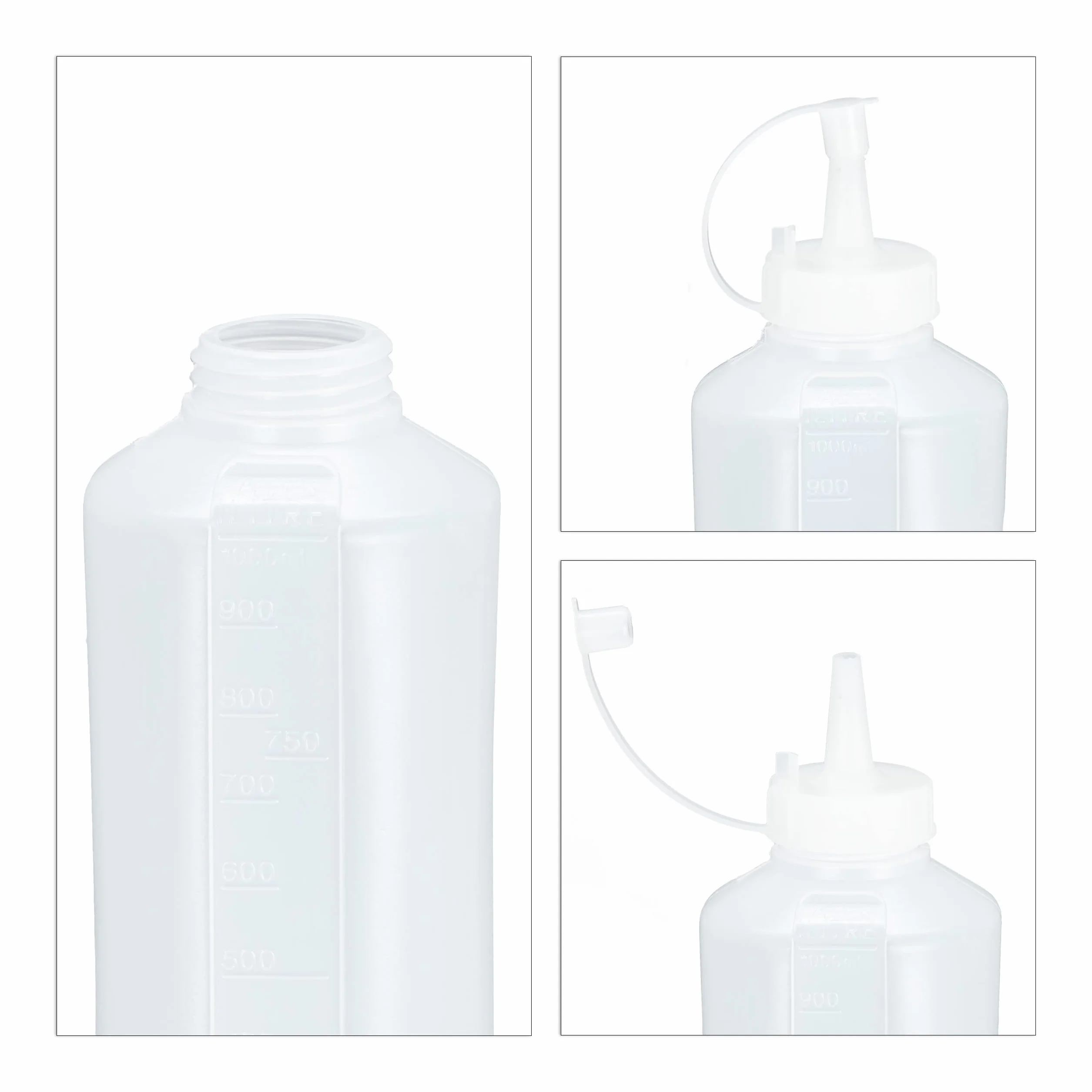 Relaxdays butelka do wyciskania sosów 1000ml, dozownik, dyspenser, 4szt., plastikowy pojemnik na sos, przezroczysty mat