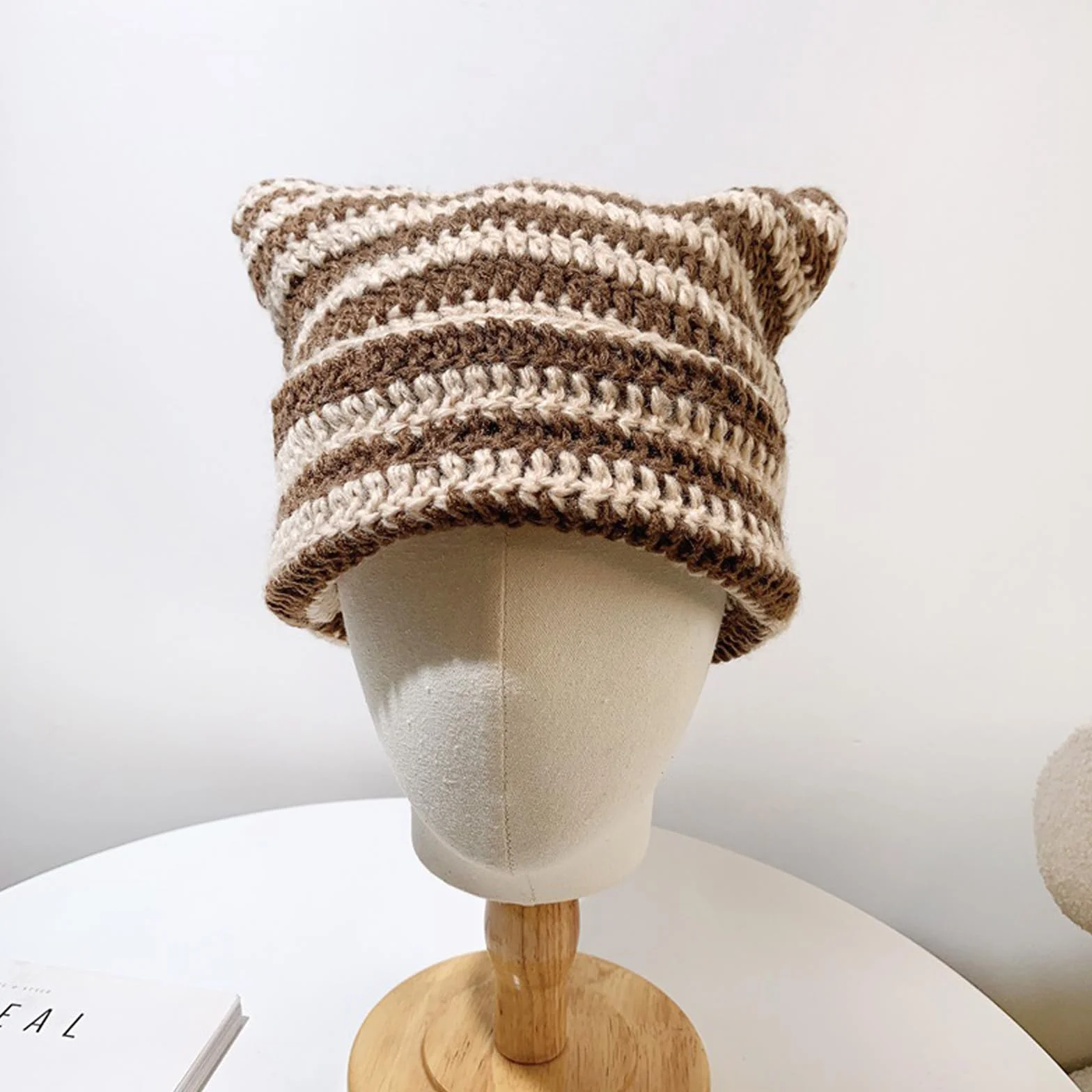 JAWAI Czapka z uszami kota, czapka Y2k Cat Beanie, czapka z uszami kota, czapka z uchem z dzianiny, czapka kota, ciepła i elastyczna zimowa czapka z dzianiny, Beżowy; Curry, 56 cm - 58 cm