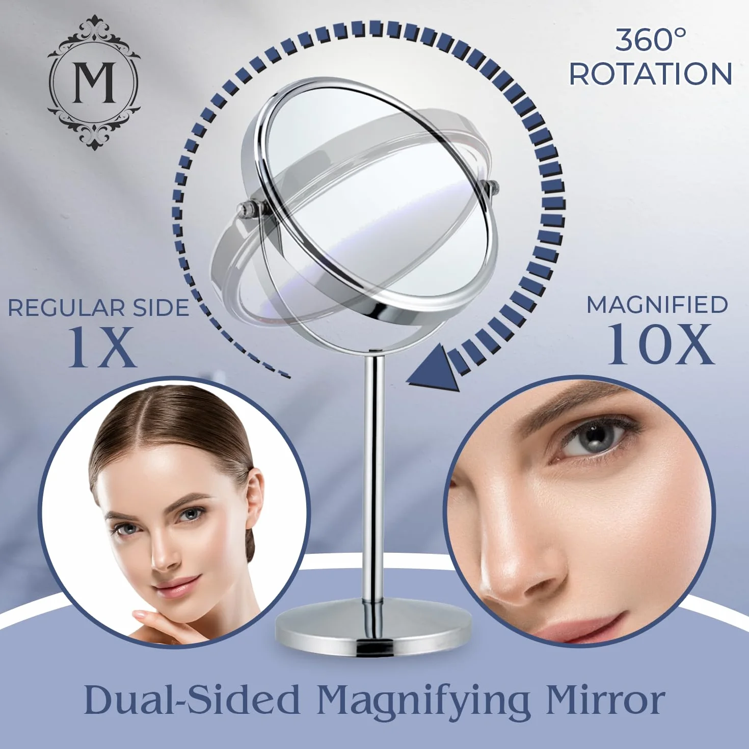 MIRRORVANA Lustro powiększające x10, okrągłe lusterko do łazienki, lusterko stołowe do makijażu z obrotem 360, lusterko powiększające na stojaku 10 razy i 1 raz, 18cm