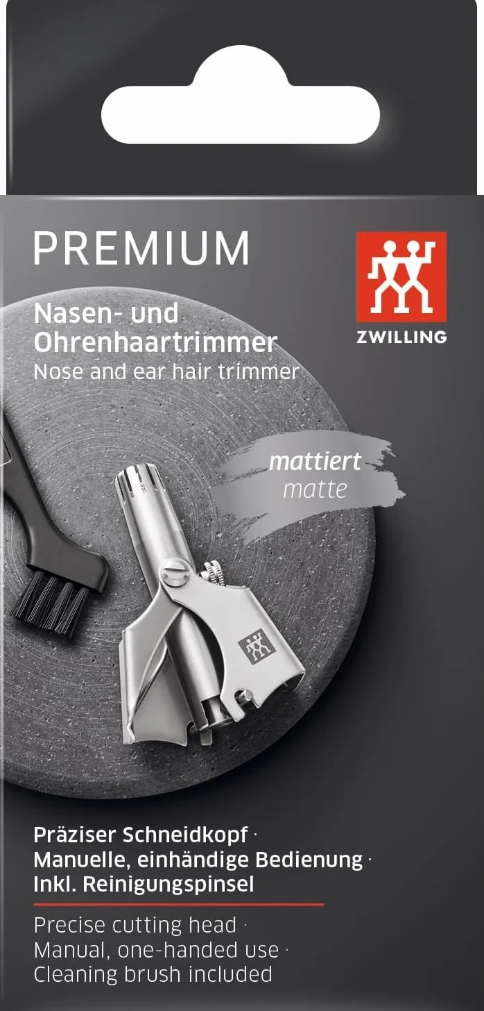ZWILLING Trymer do włosów w nosie i uszach (bezpieczne usuwanie włosów, wewnętrzne ostrza, szczoteczka do czyszczenia w zestawie), premium, srebrny, 50 mm