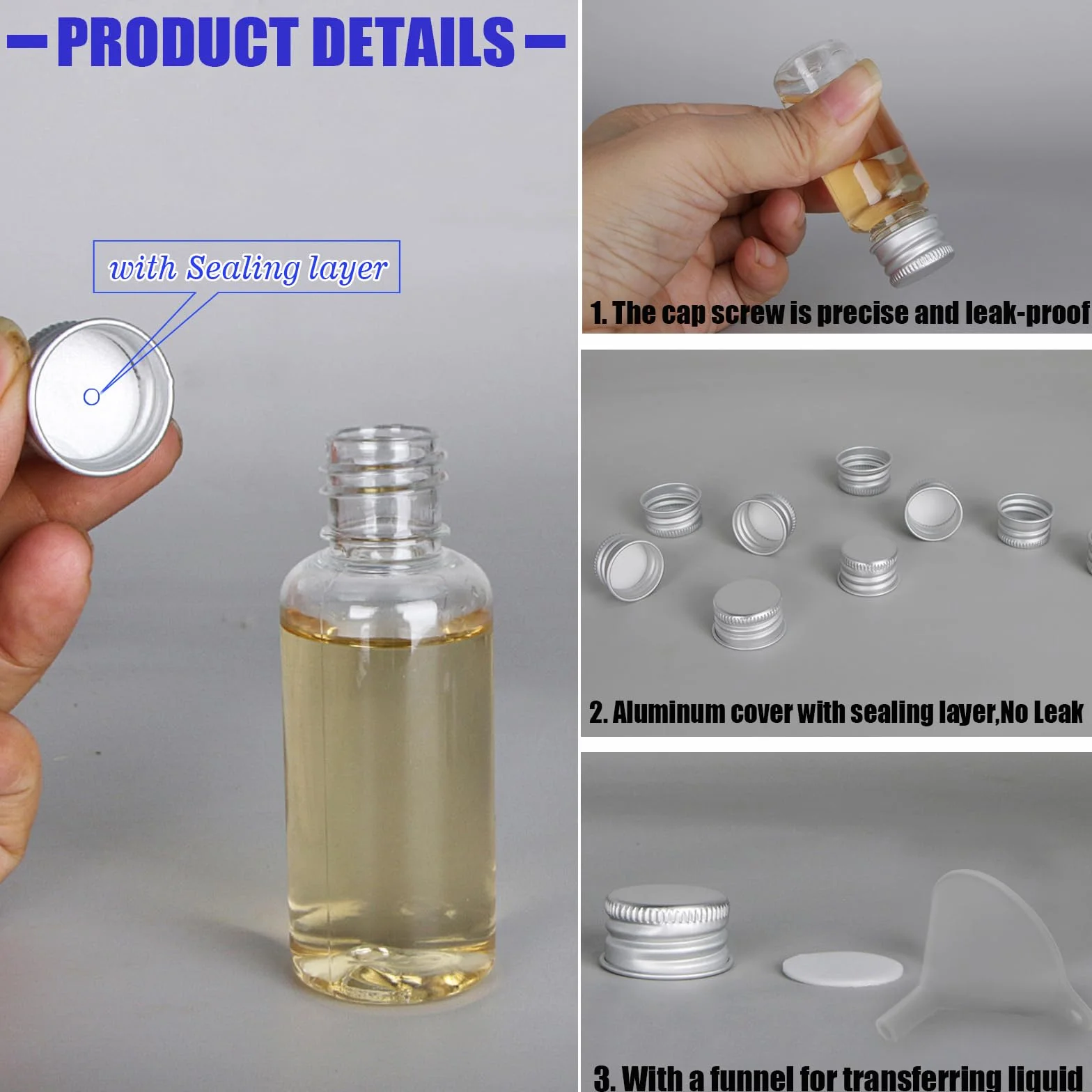 Mini butelki na alkohol 100 ml ze srebrnymi zakrętkami, pojemniki na sos wielokrotnego użytku, lejek w zestawie - na imprezy i wesela (100 ml)