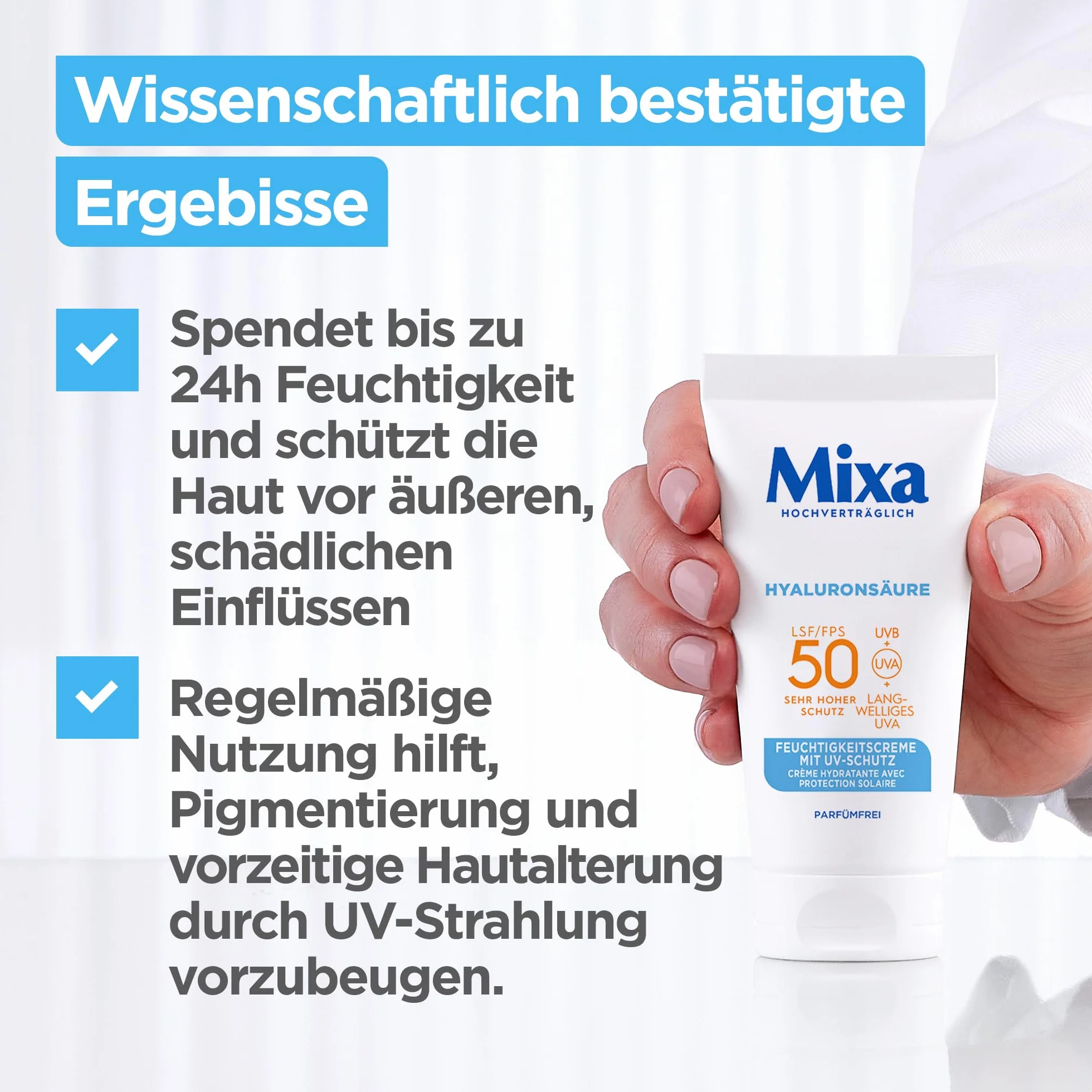 Mixa UV 50 pielęgnacja skóry wrażliwej, ochrona przed promieniowaniem UVB + UVA + Long UVA, SPF 50, z kwasem hialuronowym, nadaje się do twarzy i szyi, hipoalergiczny, 50 ml
