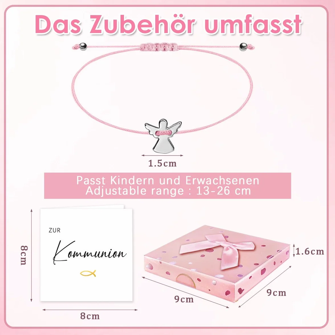 BOYATONG Bransoletka z aniołem stróżem, dla dziewcząt i chłopców, srebrna, regulowana, na komunię, z kartką i pudełkiem na prezent, 13-26 cm, Stal nierdzewna
