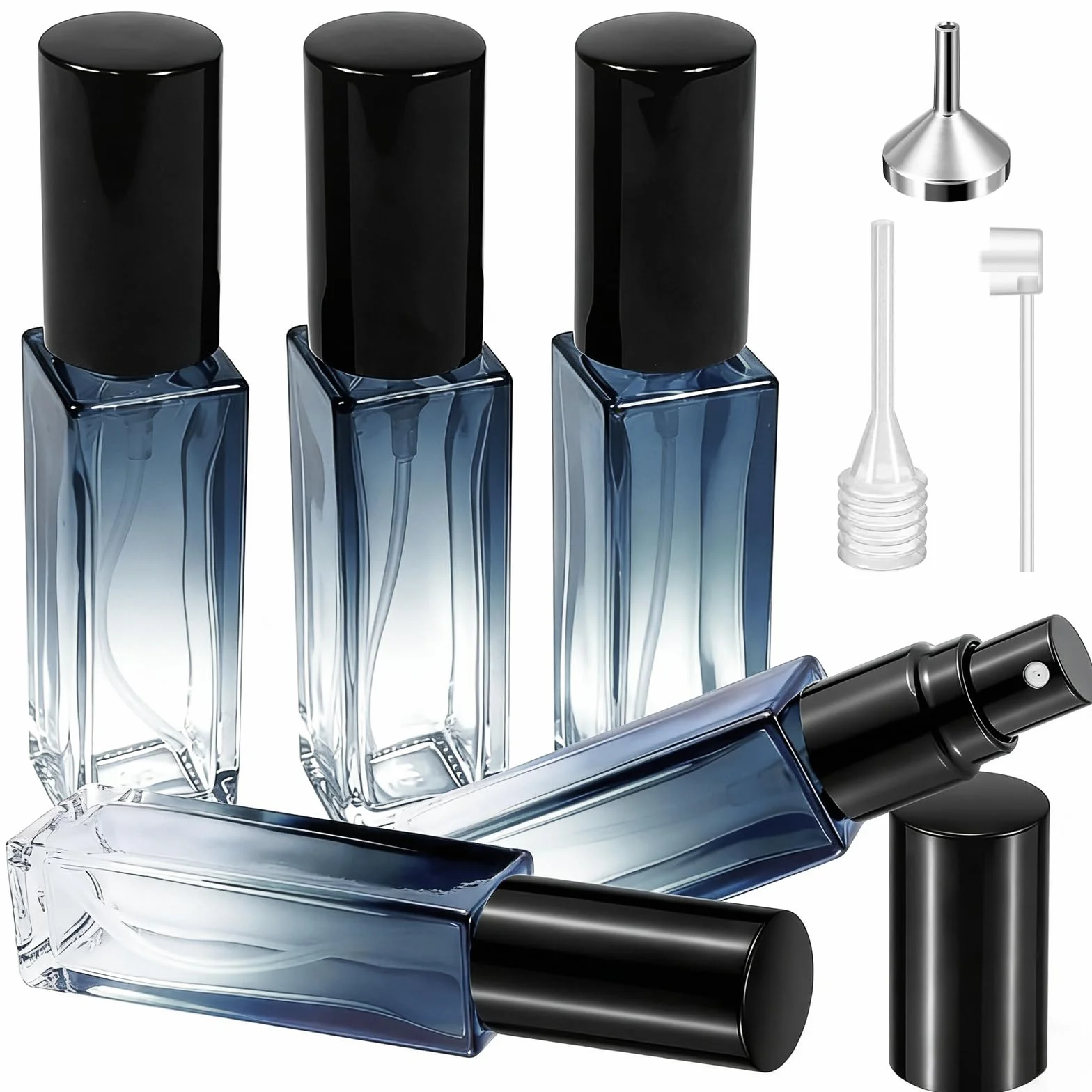 Qufiiry 5 butelek z rozpylaczem zapachowym 10 ml z dyszą, szklaną próżnią, lejkiem i przenośną pipetą atomizera do podróży i torby