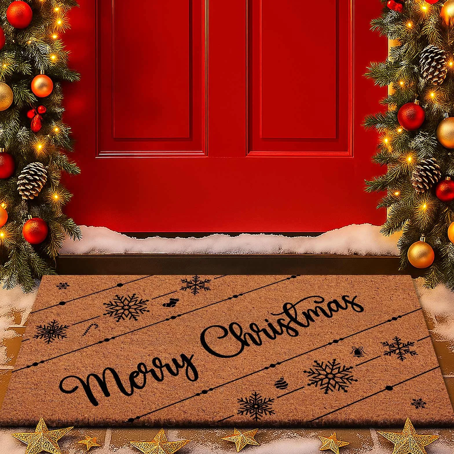 Lanpn Wycieraczka na Świąteczna, Wycieraczka z Linia antypoślizgowy dywan podłogowy Włókno kokosowe Dywanik na Zimowa dekoracja świąteczna na wnętrz i na zewnątrz (Brązowy, 42x75cm)