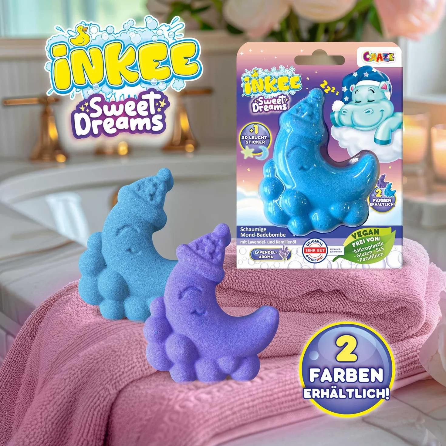 INKEE Foamy Moon Sweet Dream – spieniona kula do kąpieli w kształcie księżyca 60 g, kula kąpielowa dla dzieci z niespodzianką, z zapachem lawendy i olejkiem rumiankowym, fioletowa i niebieska