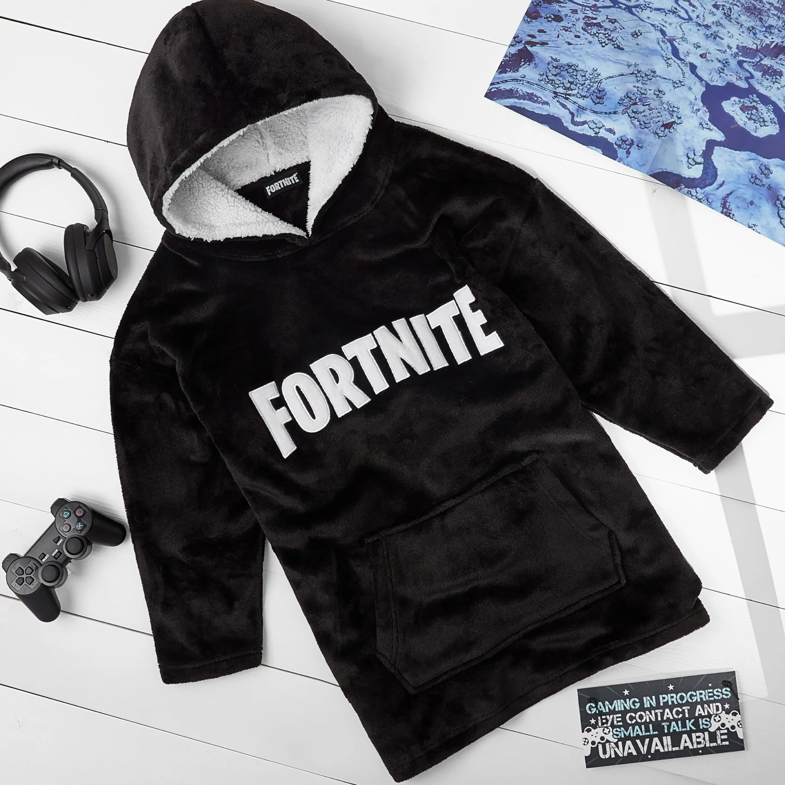 Bluza z kapturem dla dzieci Fortnite, bardzo duży rozmiar, miły koc z rękawami, ciepły polar, bluza dla graczy, przenośny koc z rękawami, czarny, jeden rozmiar